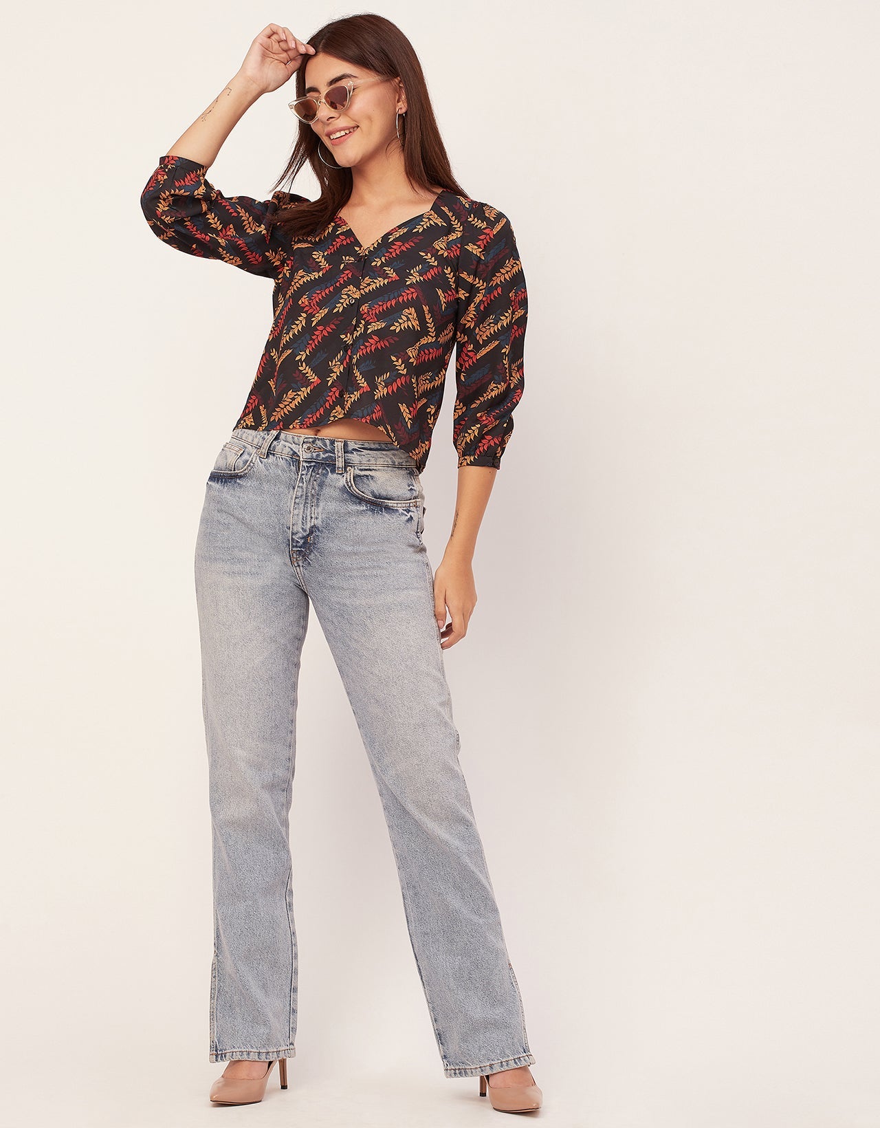 Elegant Printed Sweetheart Neck Georgette Top