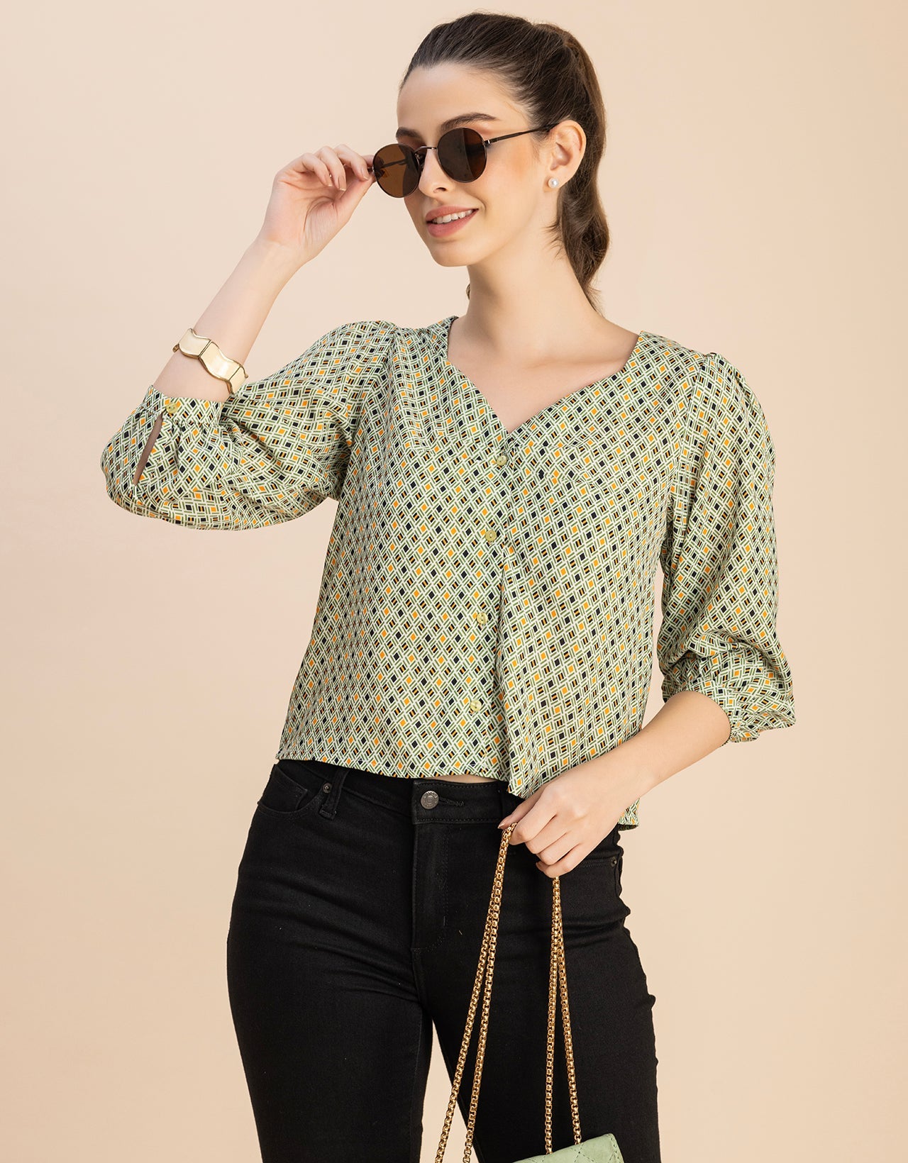 Elegant Printed Sweetheart Neck Georgette Top