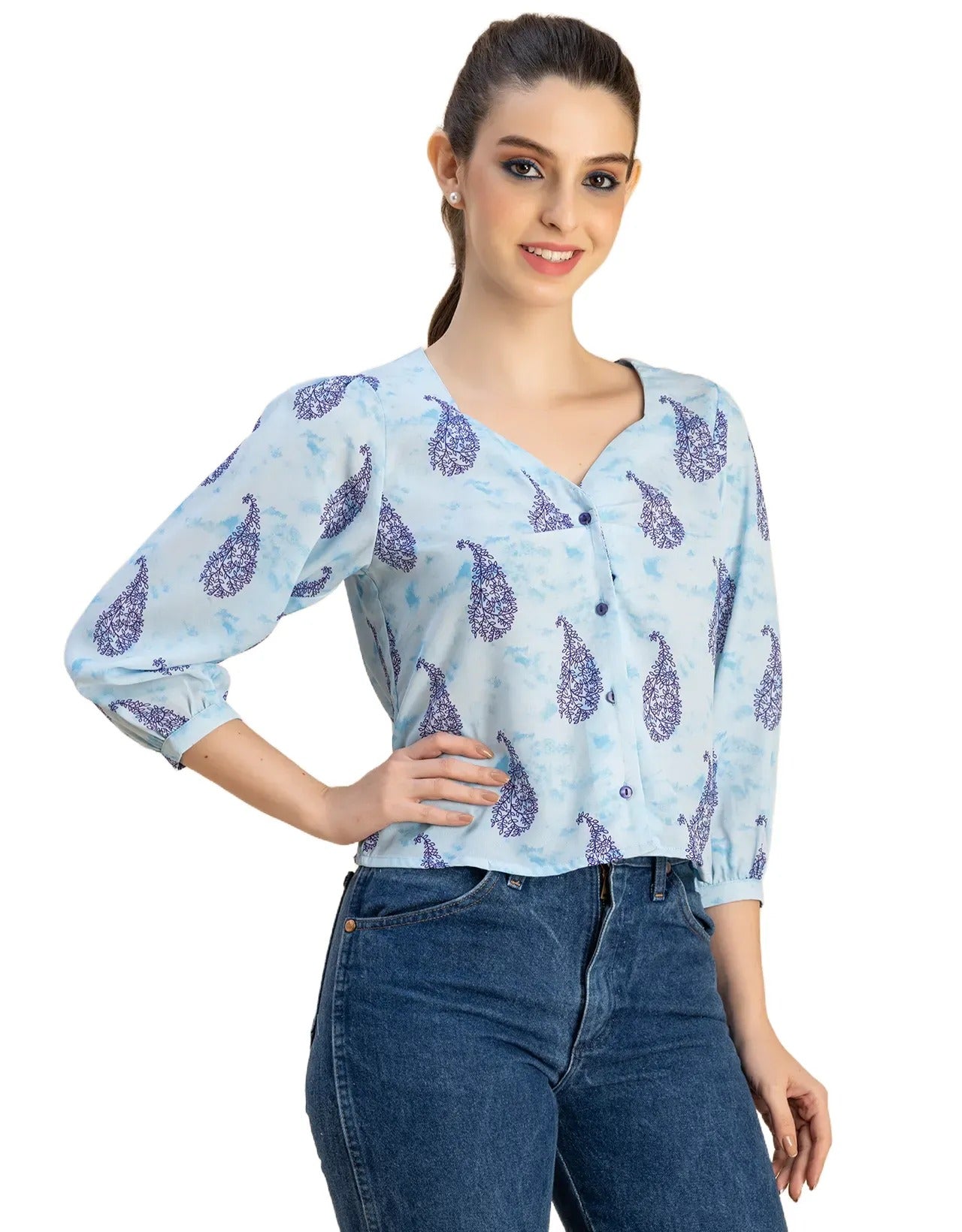 Elegant Printed Sweetheart Neck Georgette Top