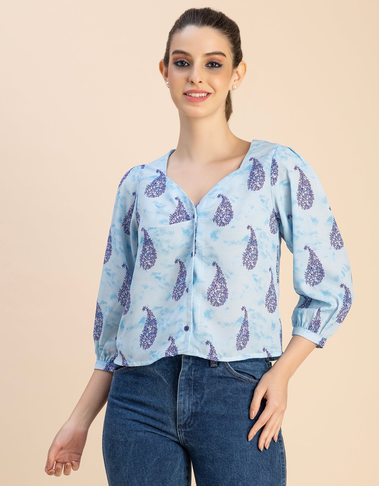 Elegant Printed Sweetheart Neck Georgette Top