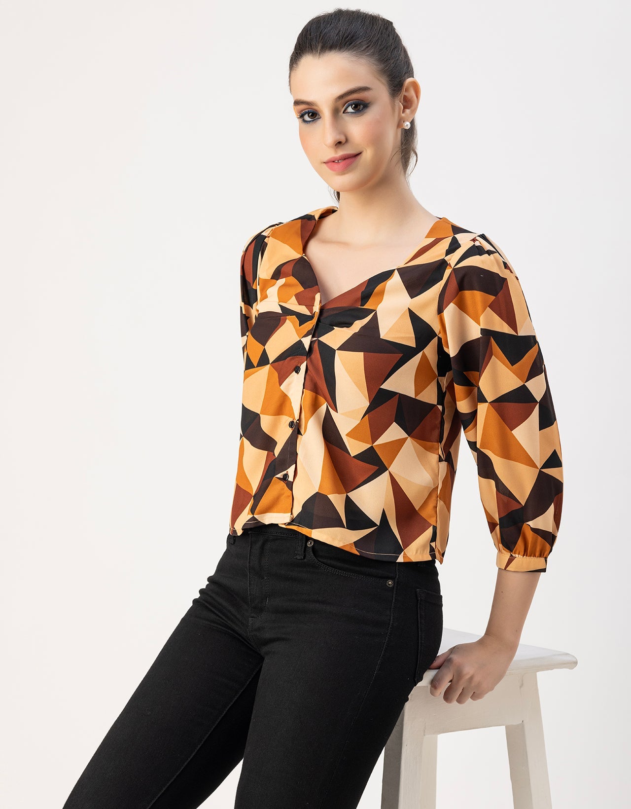 Elegant Printed Sweetheart Neck Georgette Top