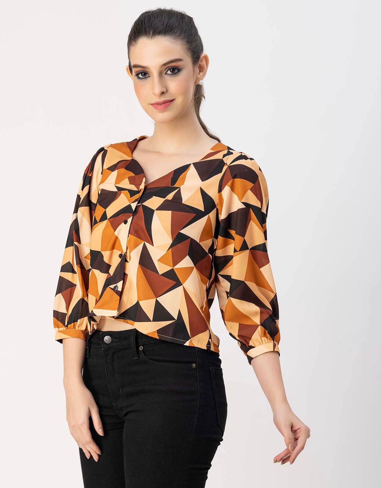 Elegant Printed Sweetheart Neck Georgette Top