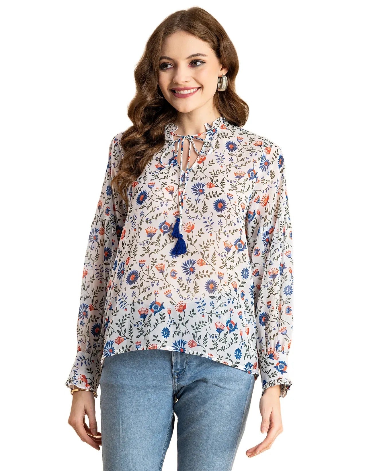 Fashionable V Neck/Tie Up Neck Top