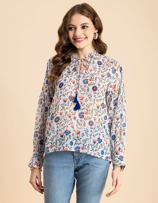Fashionable V Neck/Tie Up Neck Top