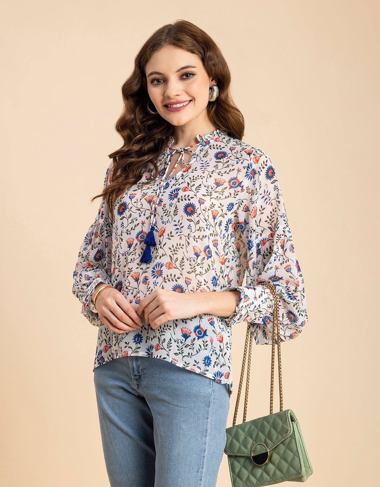 Fashionable V Neck/Tie Up Neck Top