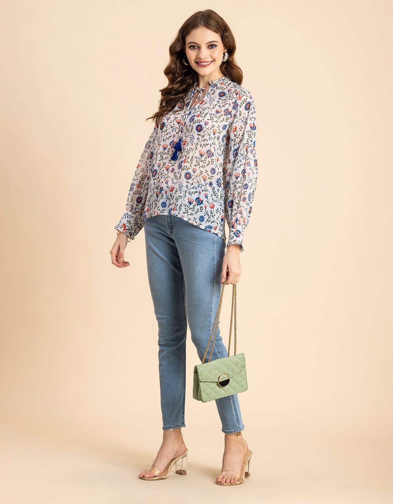 Fashionable V Neck/Tie Up Neck Top