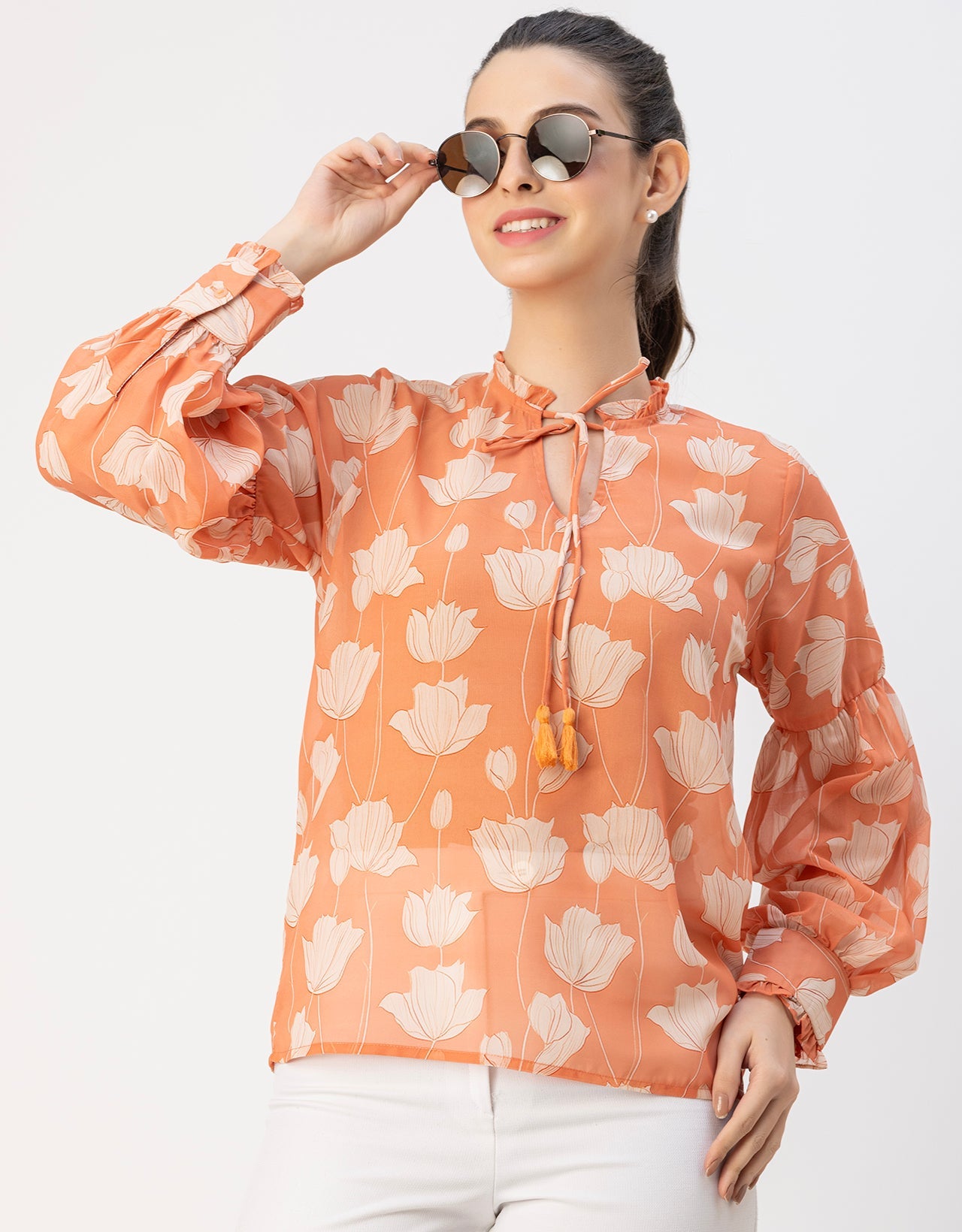 Fashionable V Neck/Tie Up Neck Top