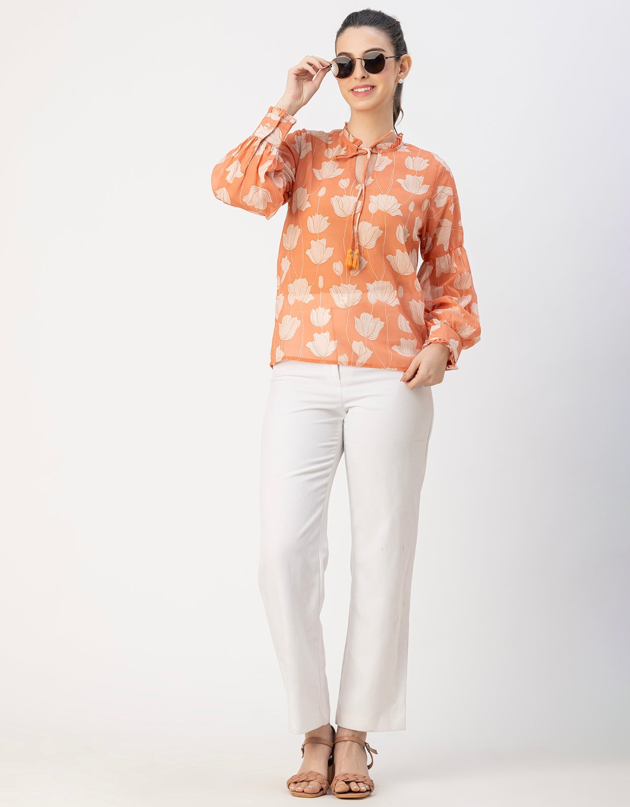 Fashionable V Neck/Tie Up Neck Top