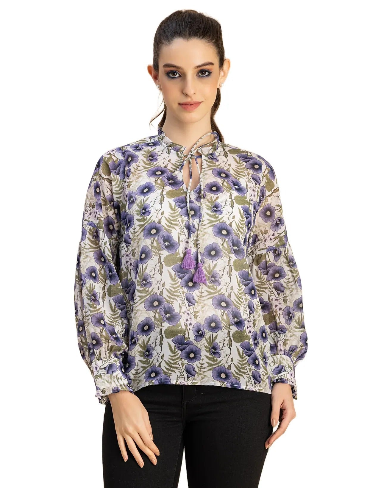 Fashionable V Neck/Tie Up Neck Top