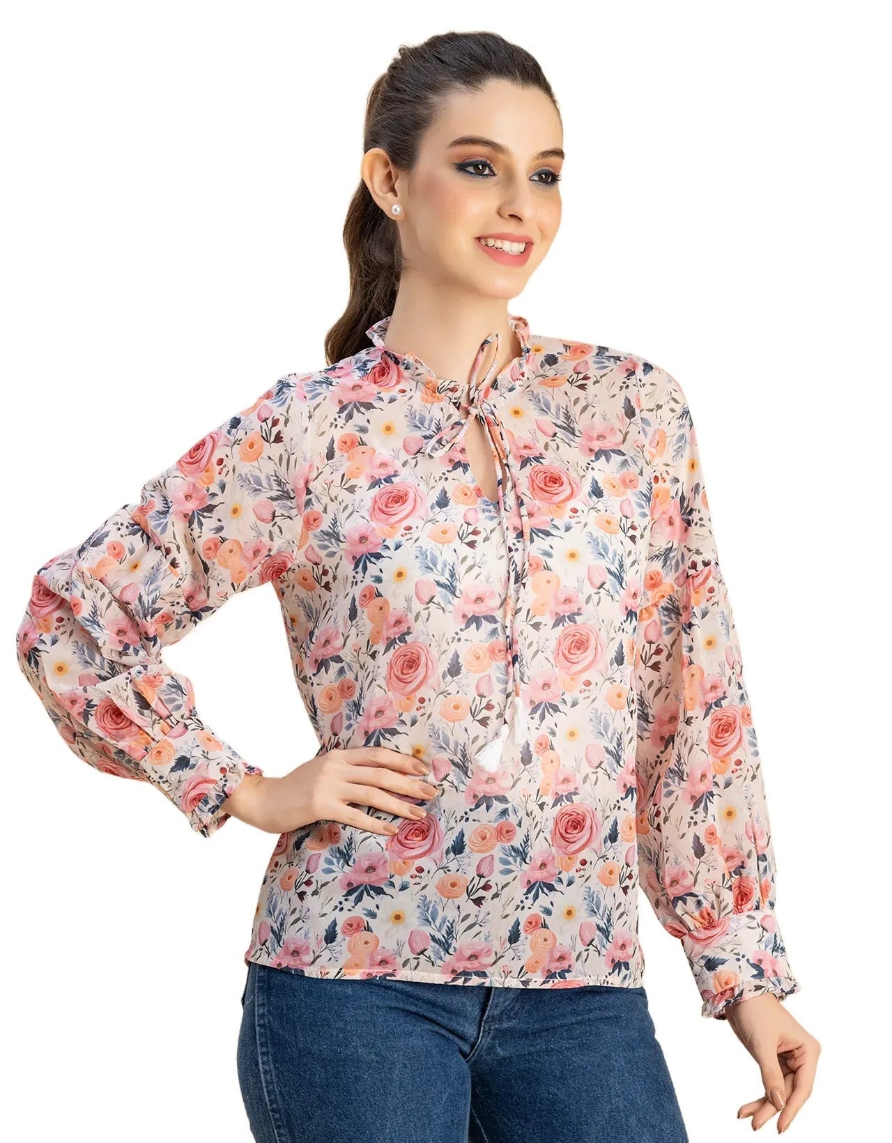 Fashionable V Neck/Tie Up Neck Top