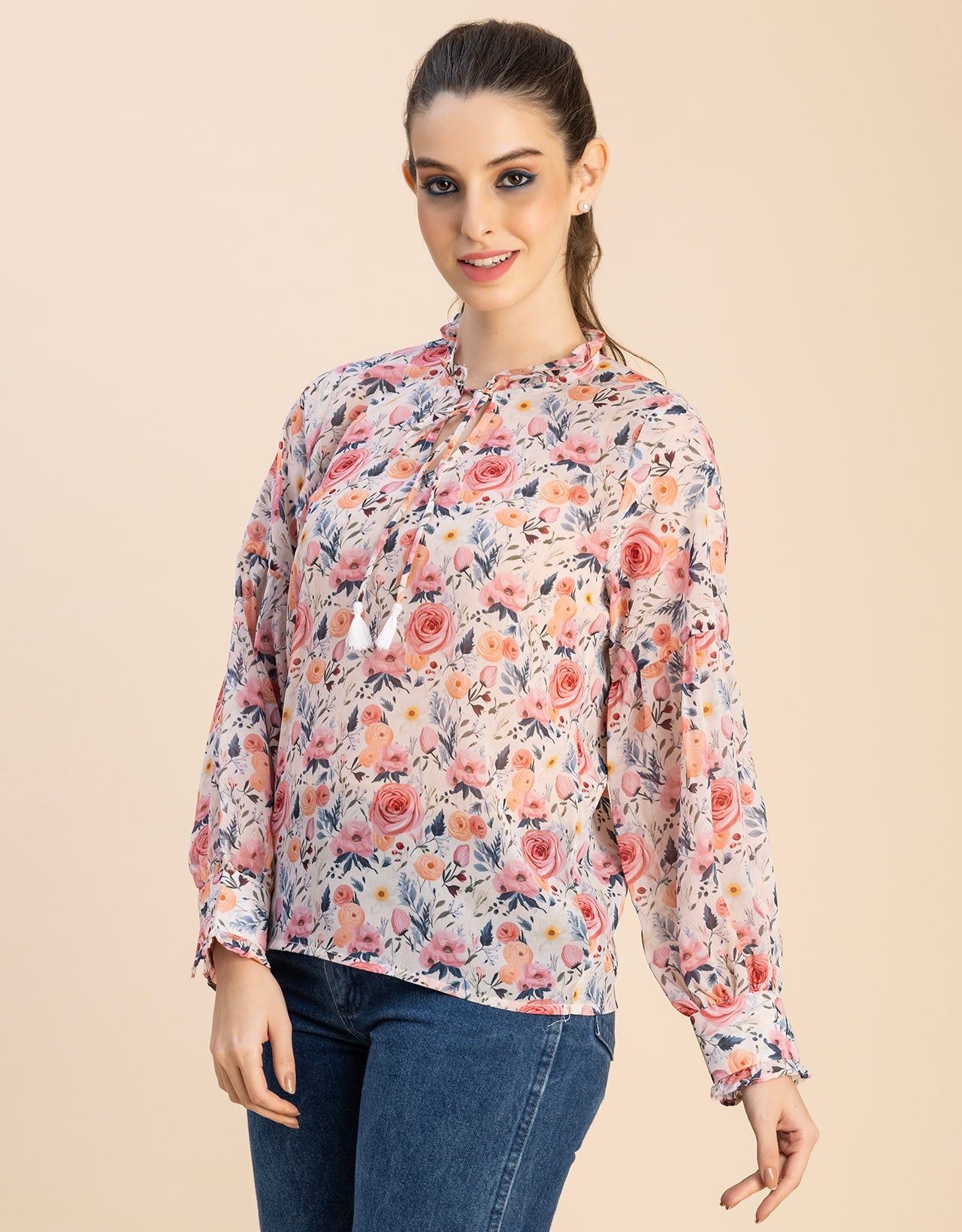 Fashionable V Neck/Tie Up Neck Top