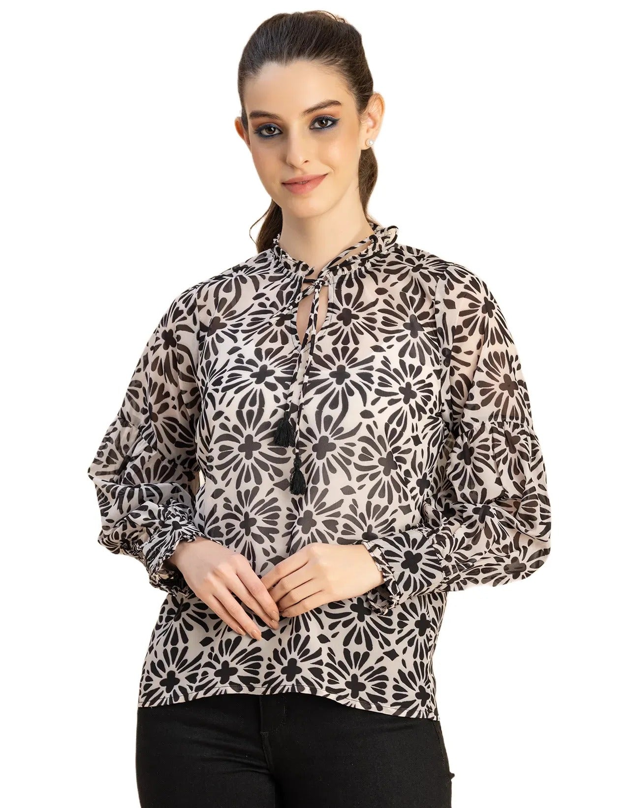 Fashionable V Neck/Tie Up Neck Top