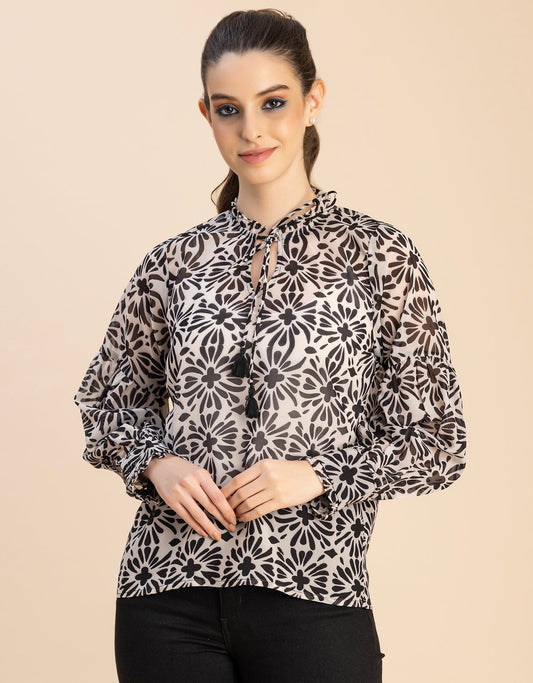 Fashionable V Neck/Tie Up Neck Top