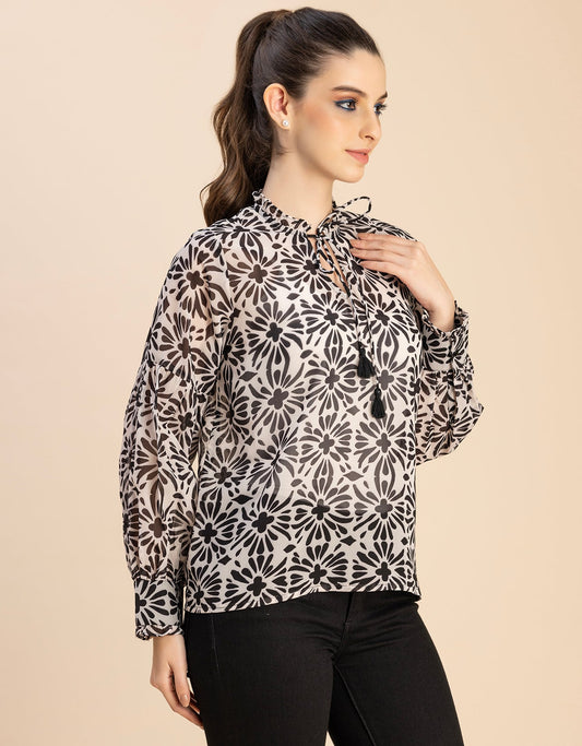 Fashionable V Neck/Tie Up Neck Top