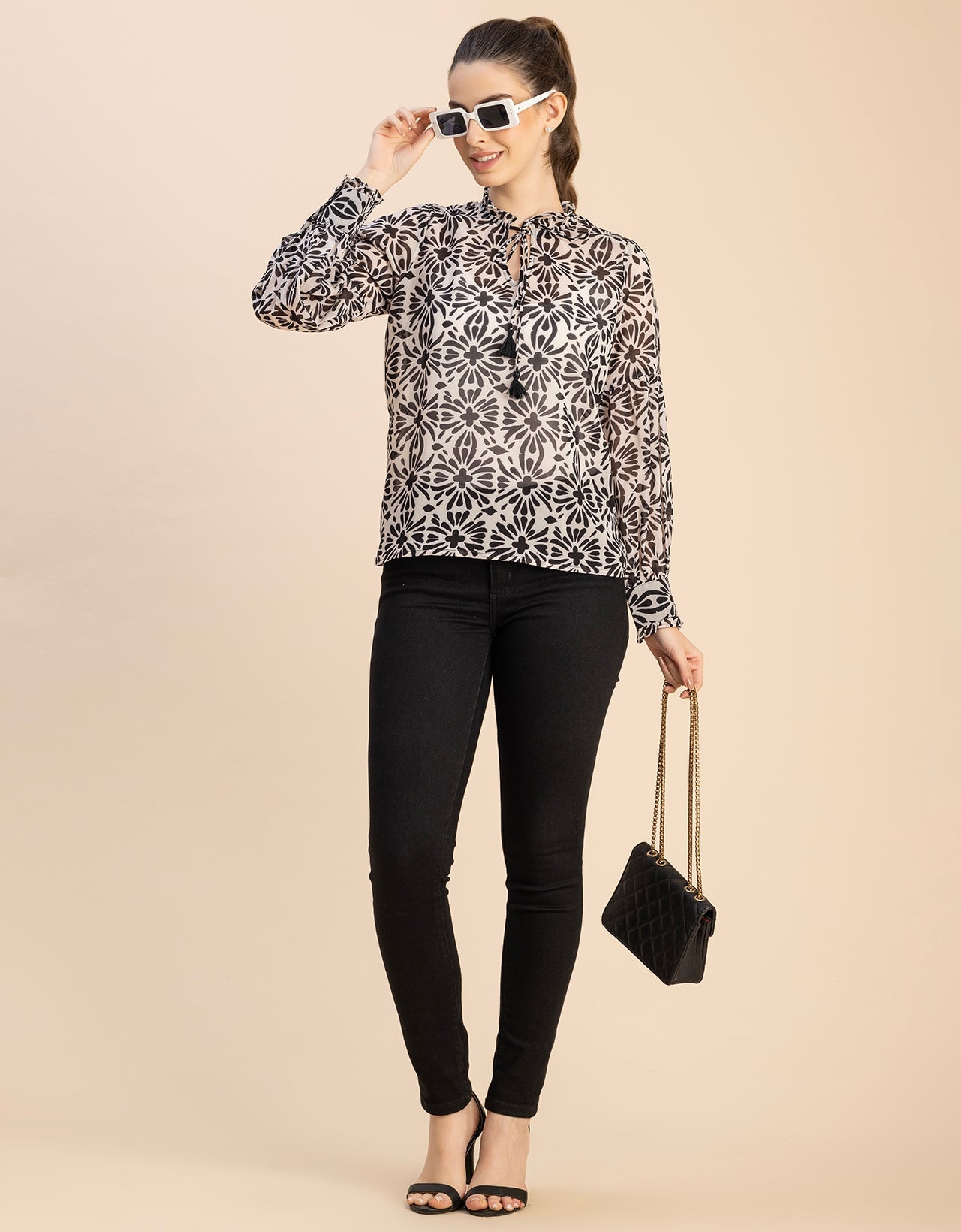 Fashionable V Neck/Tie Up Neck Top