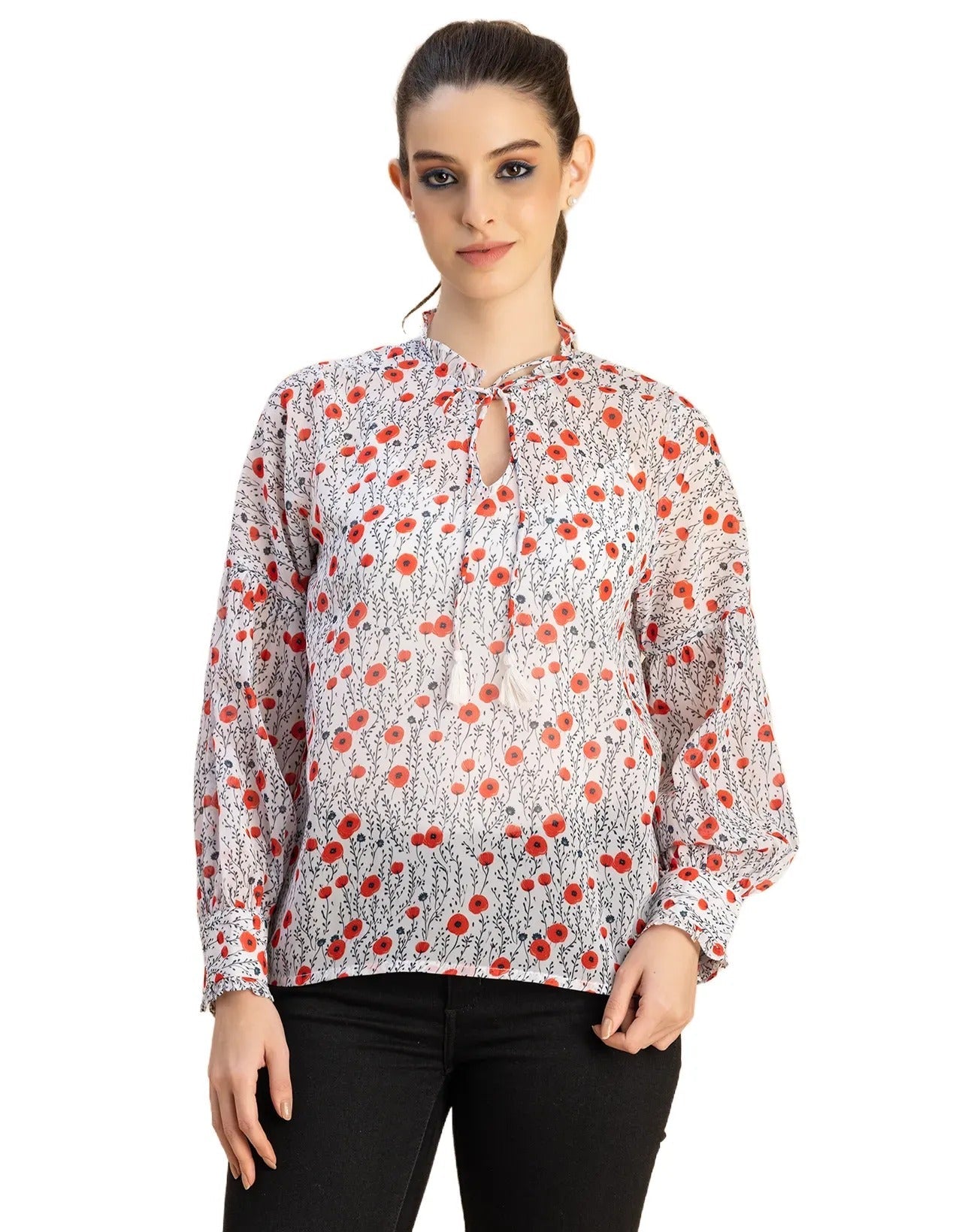 Fashionable V Neck/Tie Up Neck Top