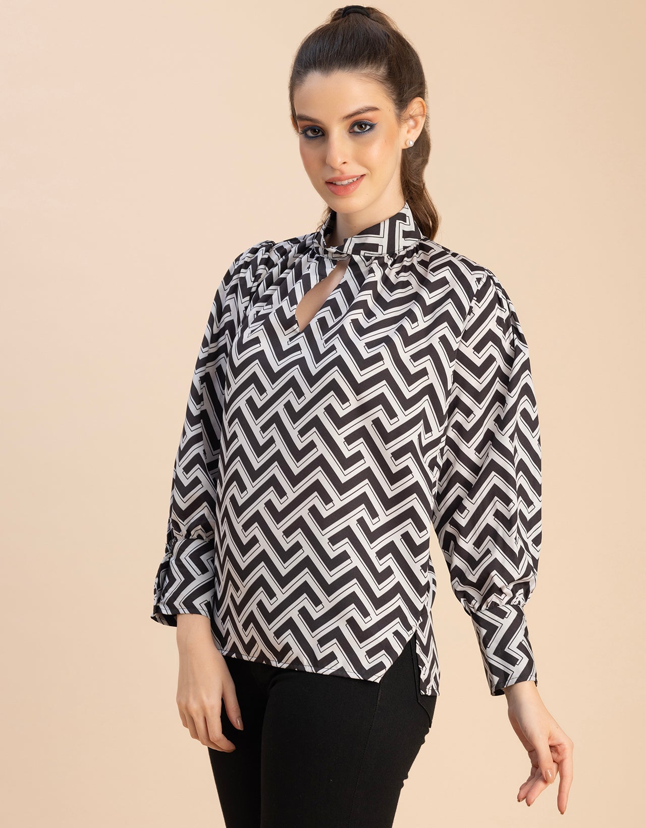 Chic Stripe Folded Band Neck Top