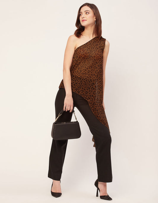 Sleeveless Single Shoulder Asymmetric Printed Top