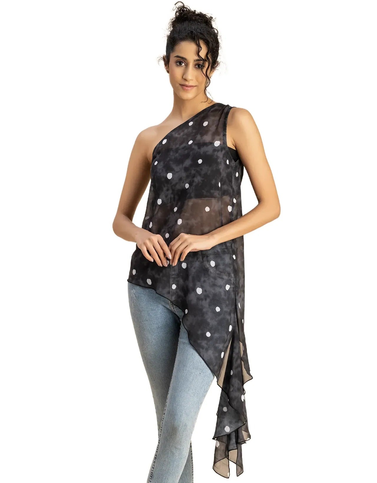 Sleeveless Single Shoulder Asymmetric Printed Top