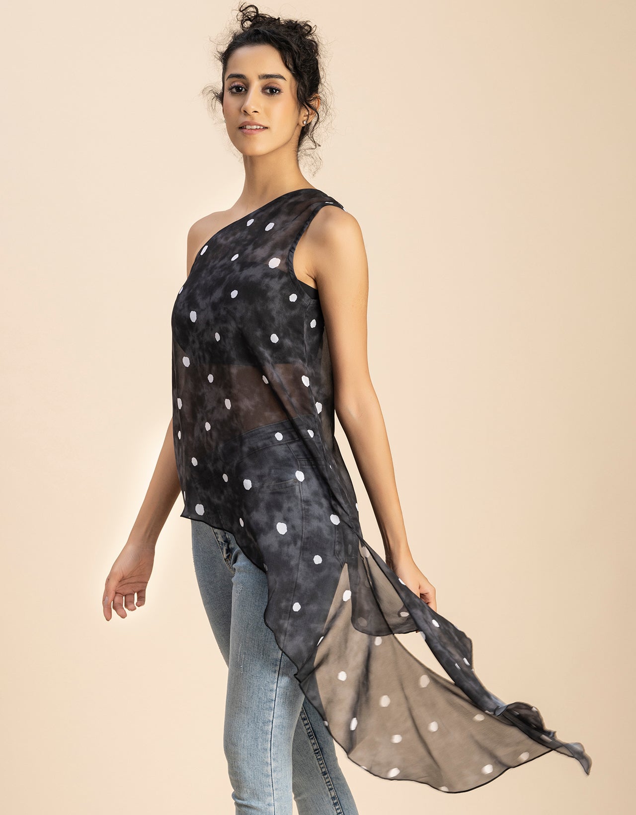 Sleeveless Single Shoulder Asymmetric Printed Top