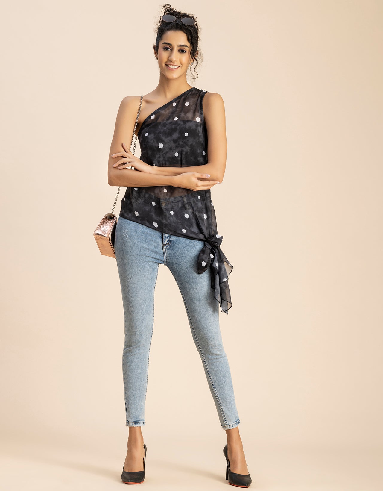 Sleeveless Single Shoulder Asymmetric Printed Top