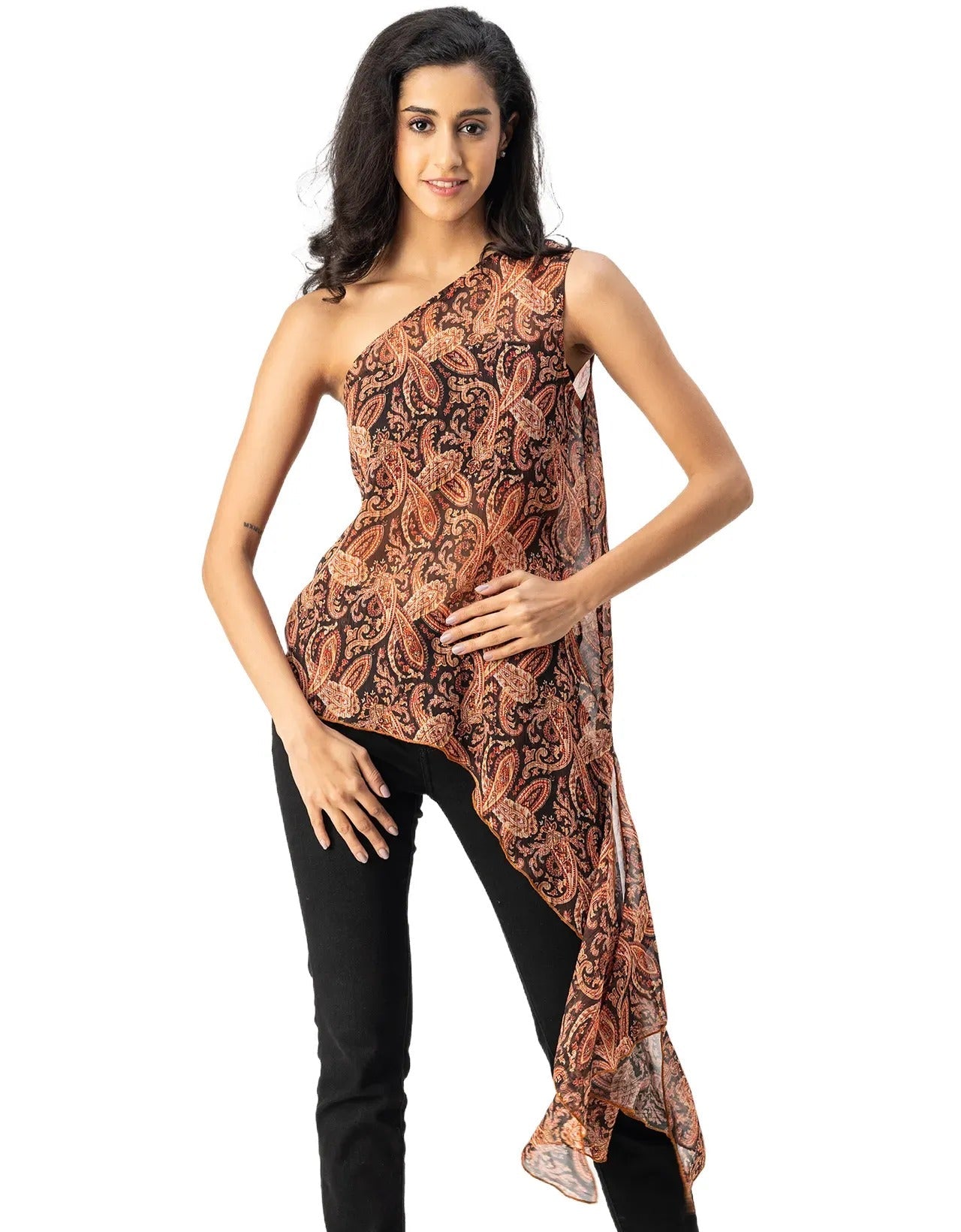 Sleeveless Single Shoulder Asymmetric Printed Top