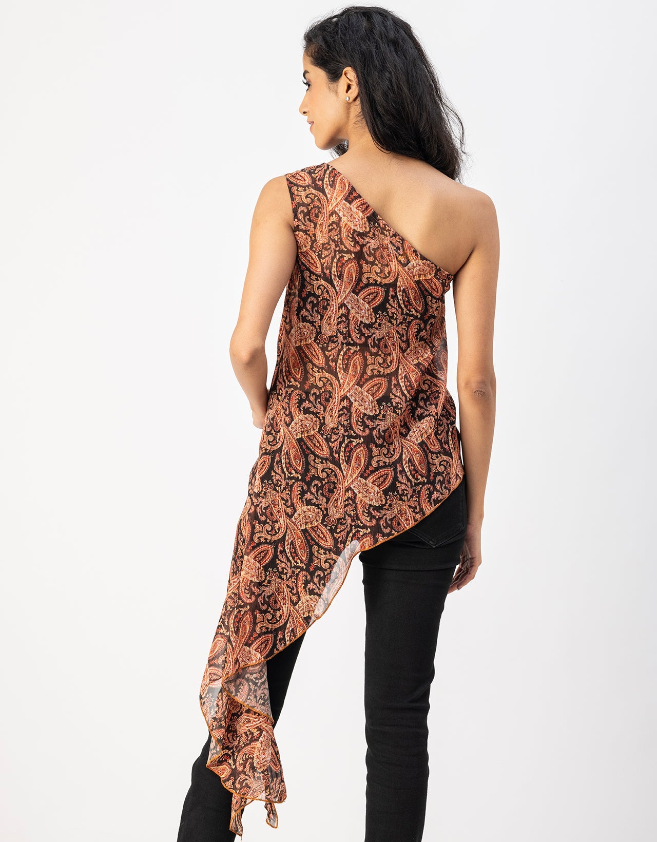 Sleeveless Single Shoulder Asymmetric Printed Top