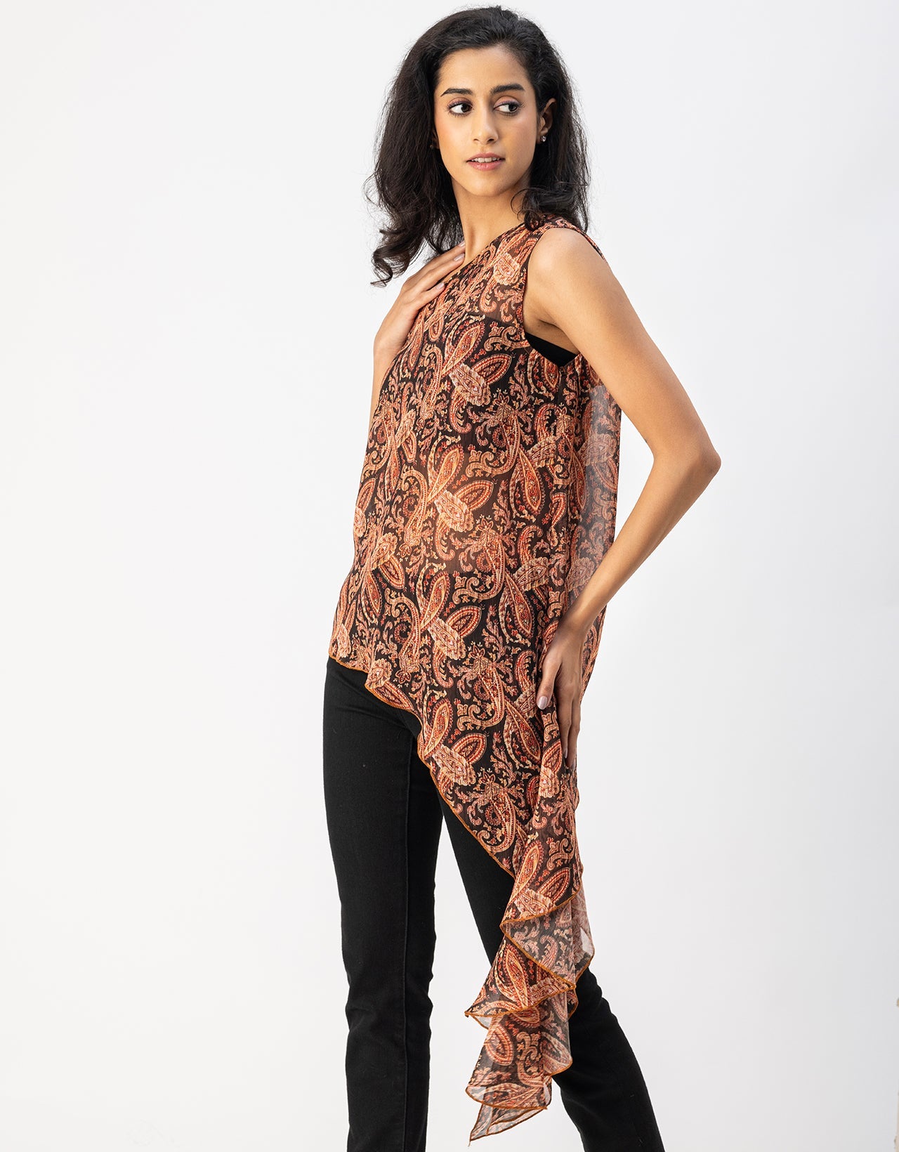 Sleeveless Single Shoulder Asymmetric Printed Top