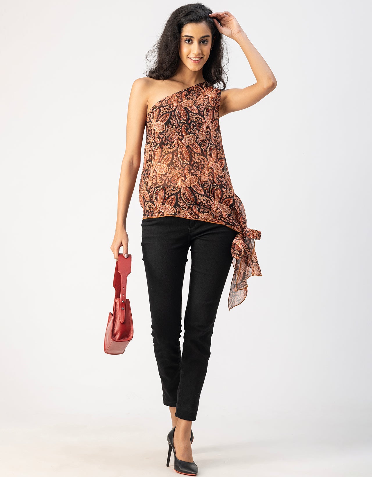 Sleeveless Single Shoulder Asymmetric Printed Top