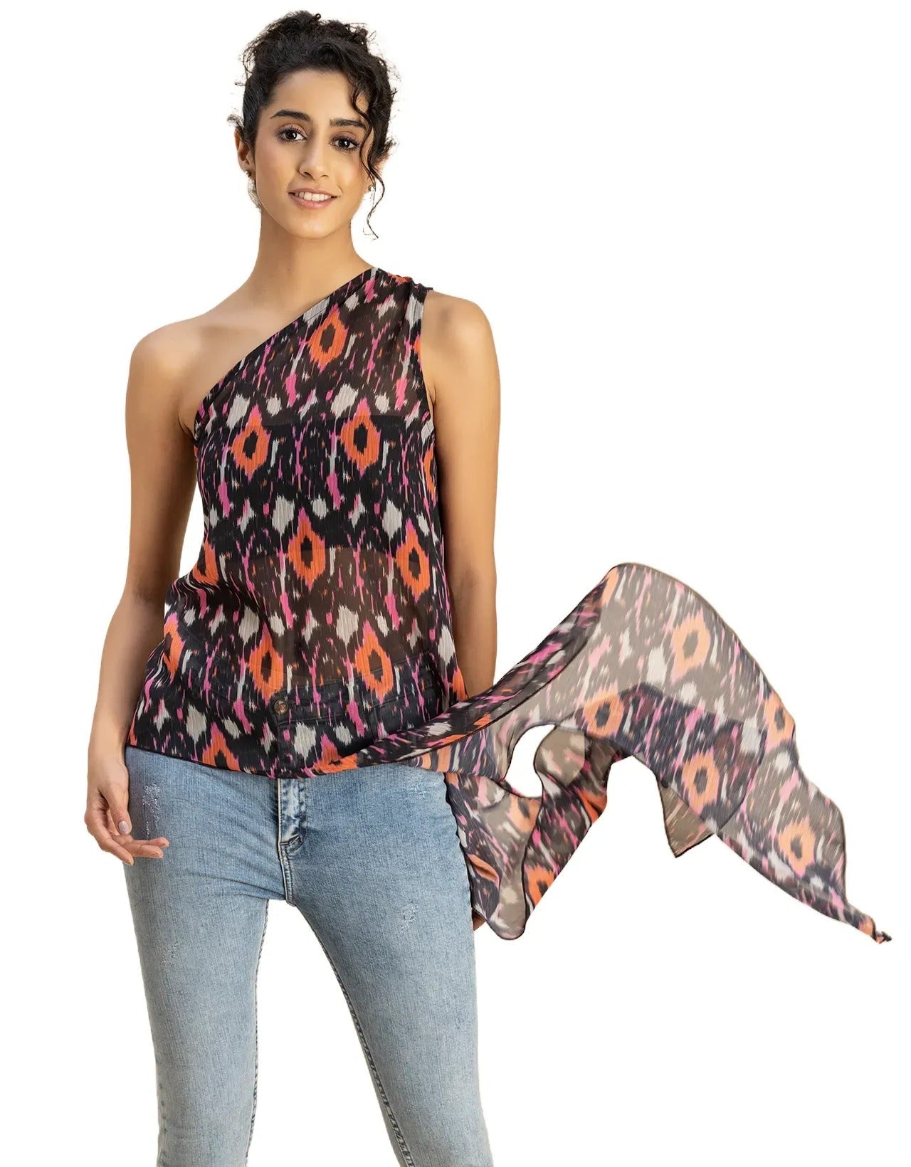 Sleeveless Single Shoulder Asymmetric Printed Top