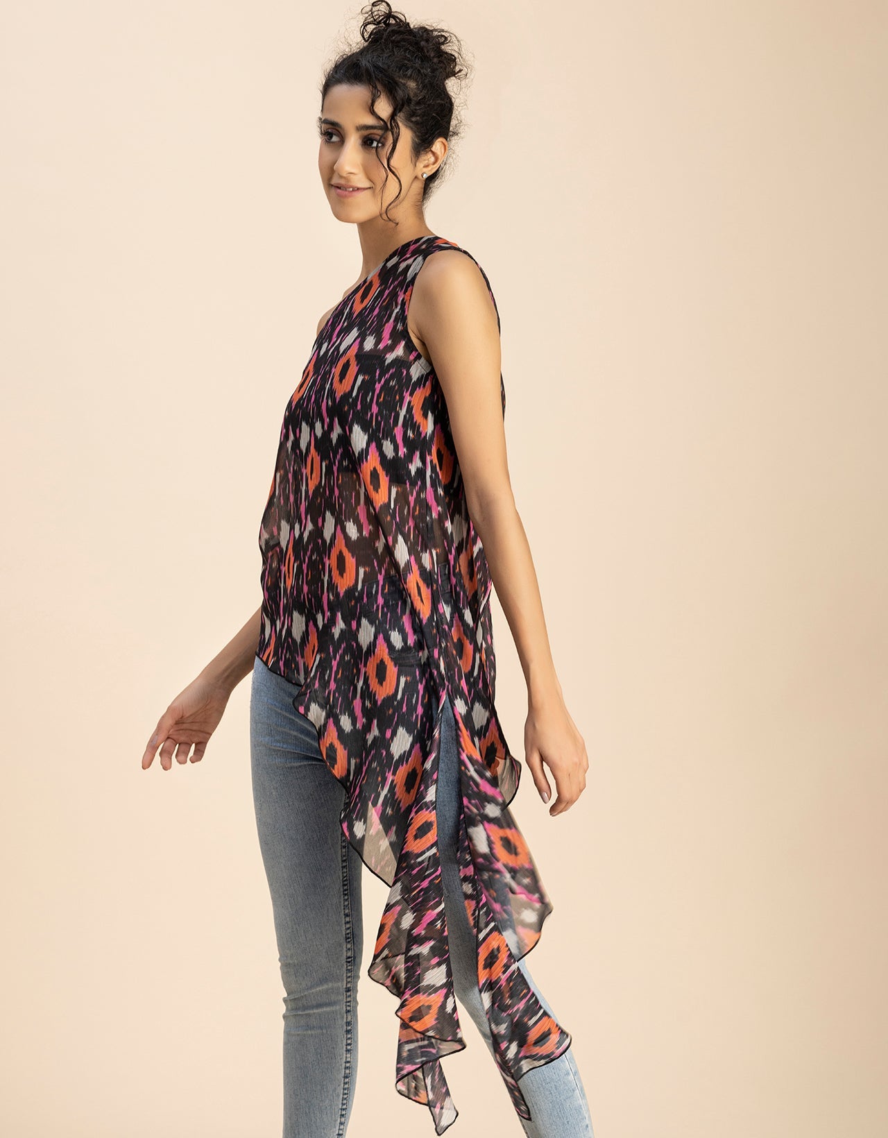 Sleeveless Single Shoulder Asymmetric Printed Top