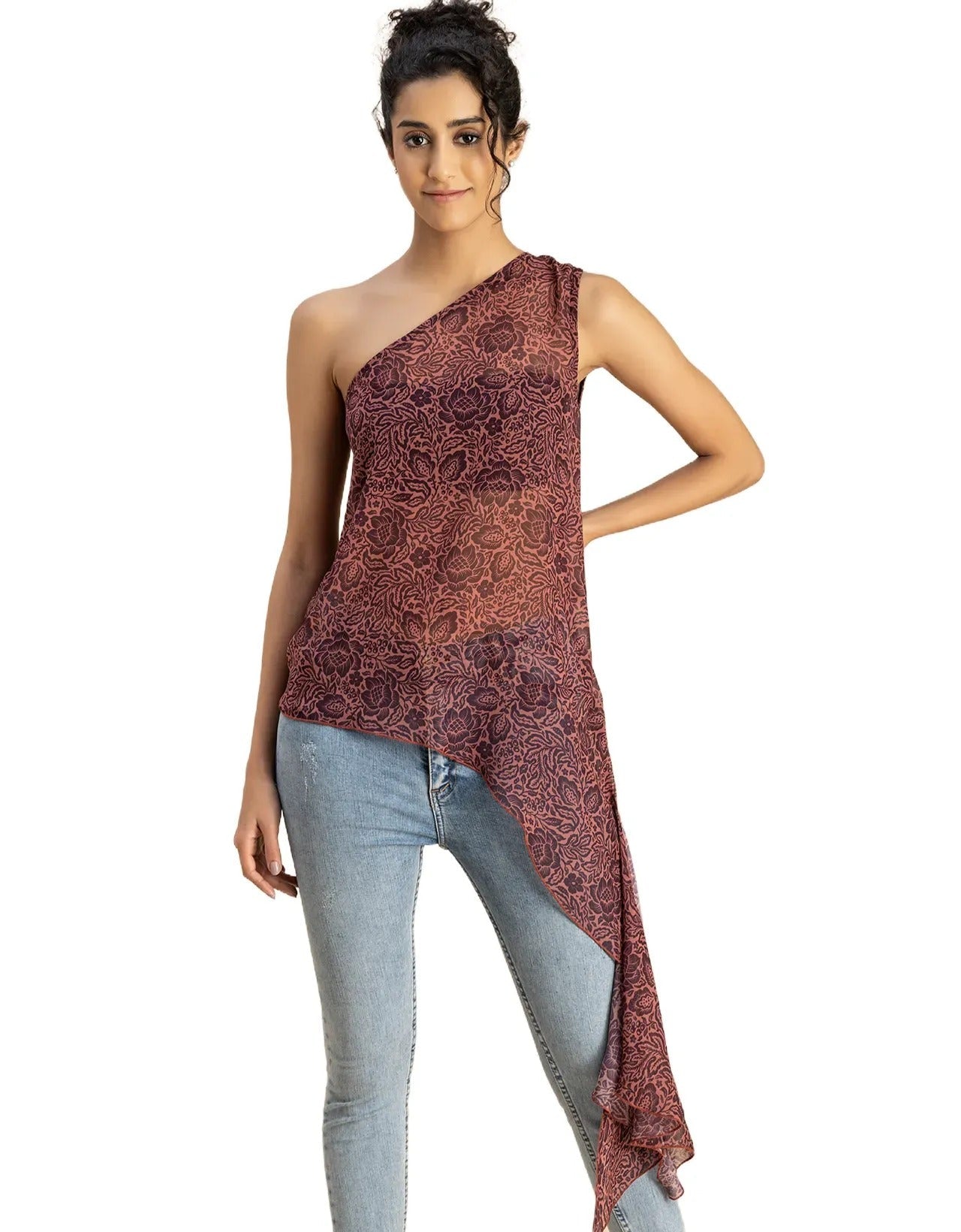 Sleeveless Single Shoulder Asymmetric Printed Top