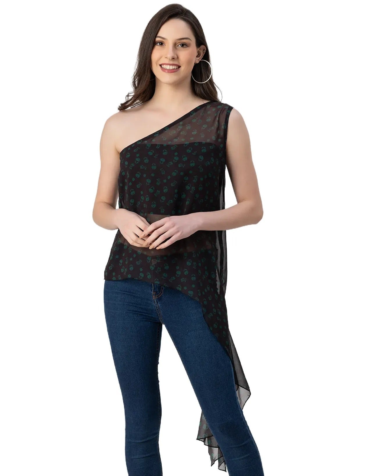 Sleeveless Single Shoulder Asymmetric Printed Top
