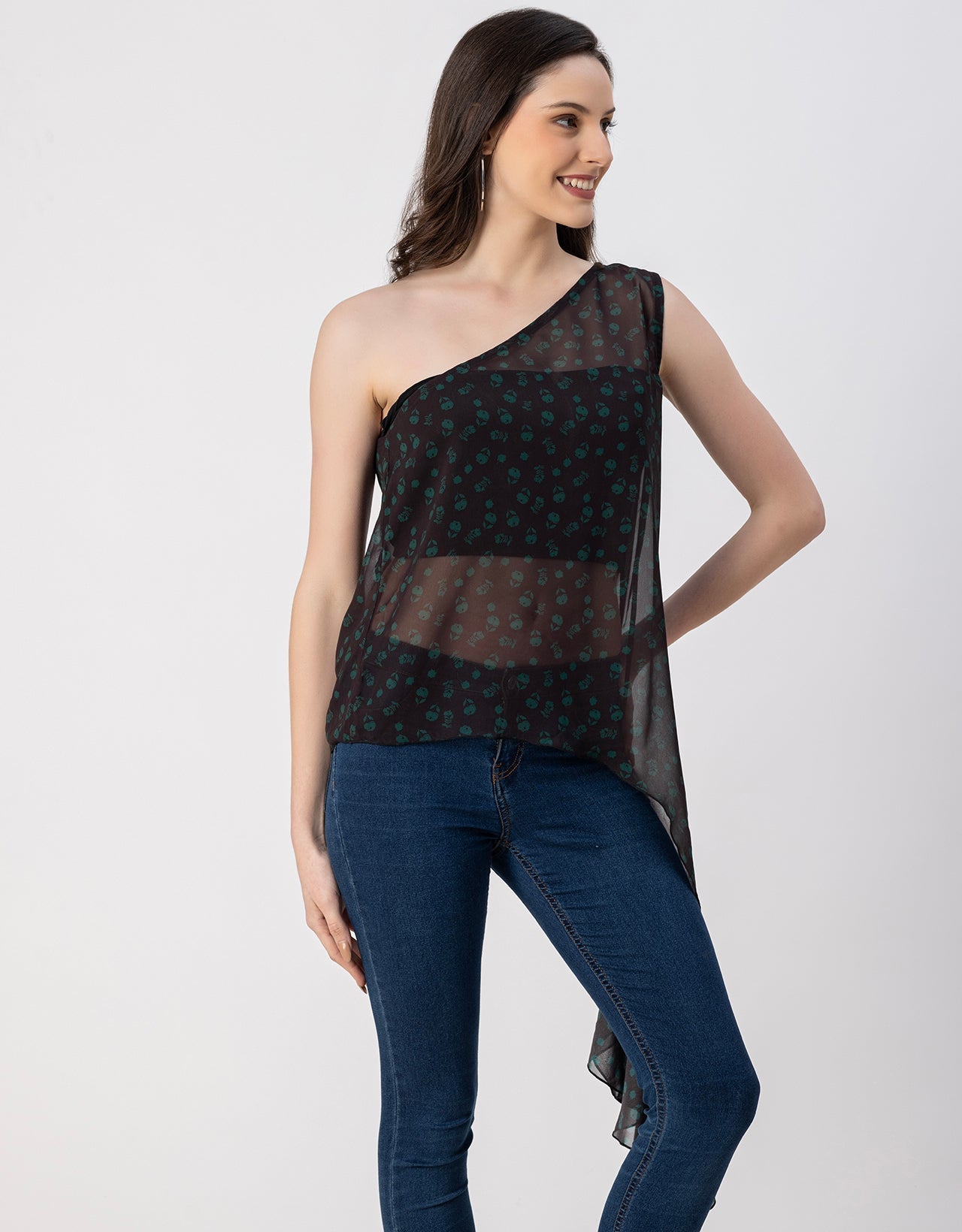 Sleeveless Single Shoulder Asymmetric Printed Top