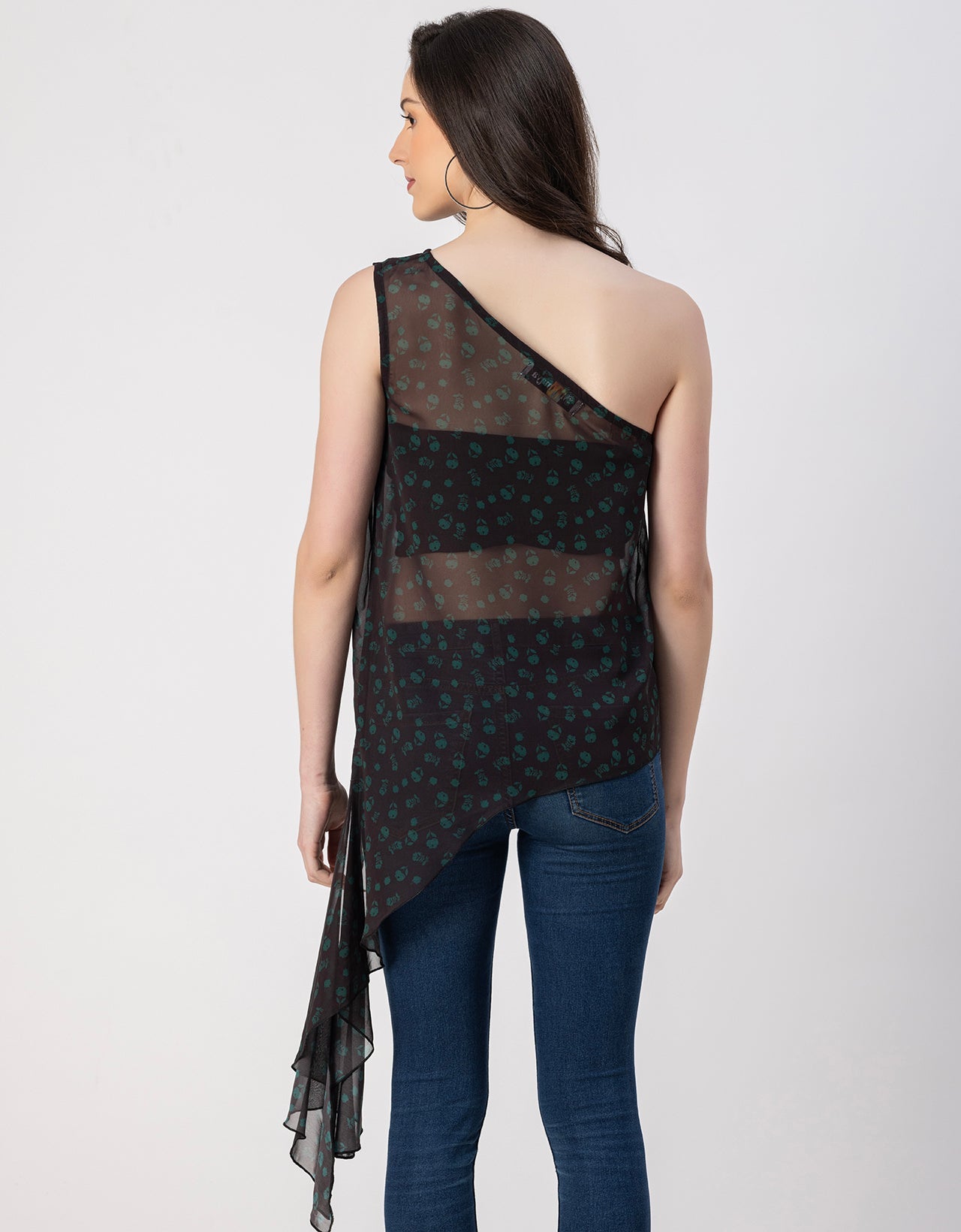 Sleeveless Single Shoulder Asymmetric Printed Top