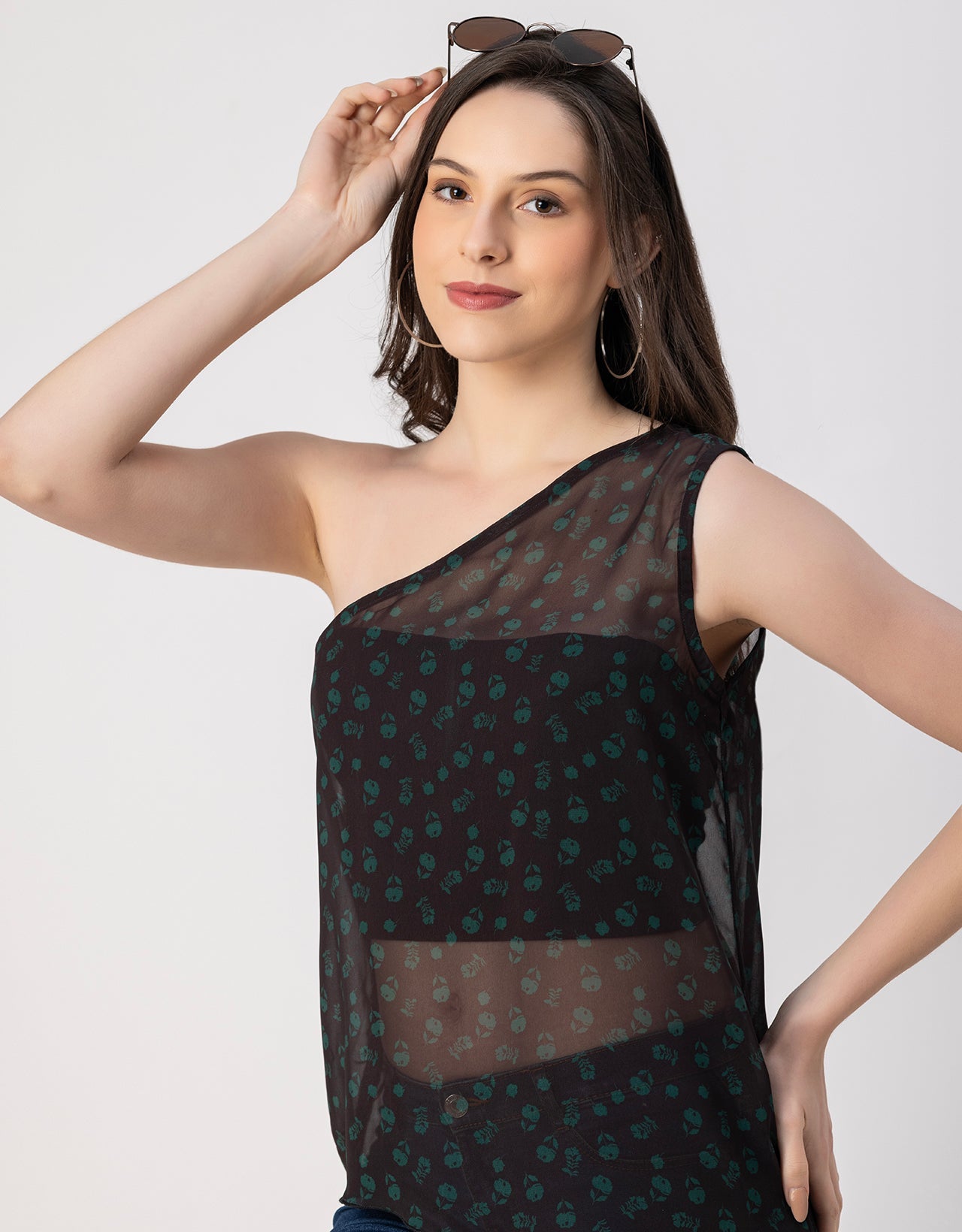 Sleeveless Single Shoulder Asymmetric Printed Top