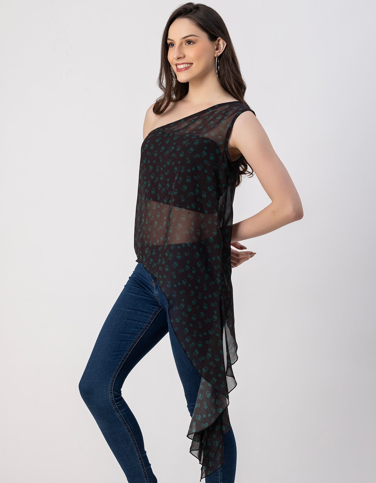 Sleeveless Single Shoulder Asymmetric Printed Top