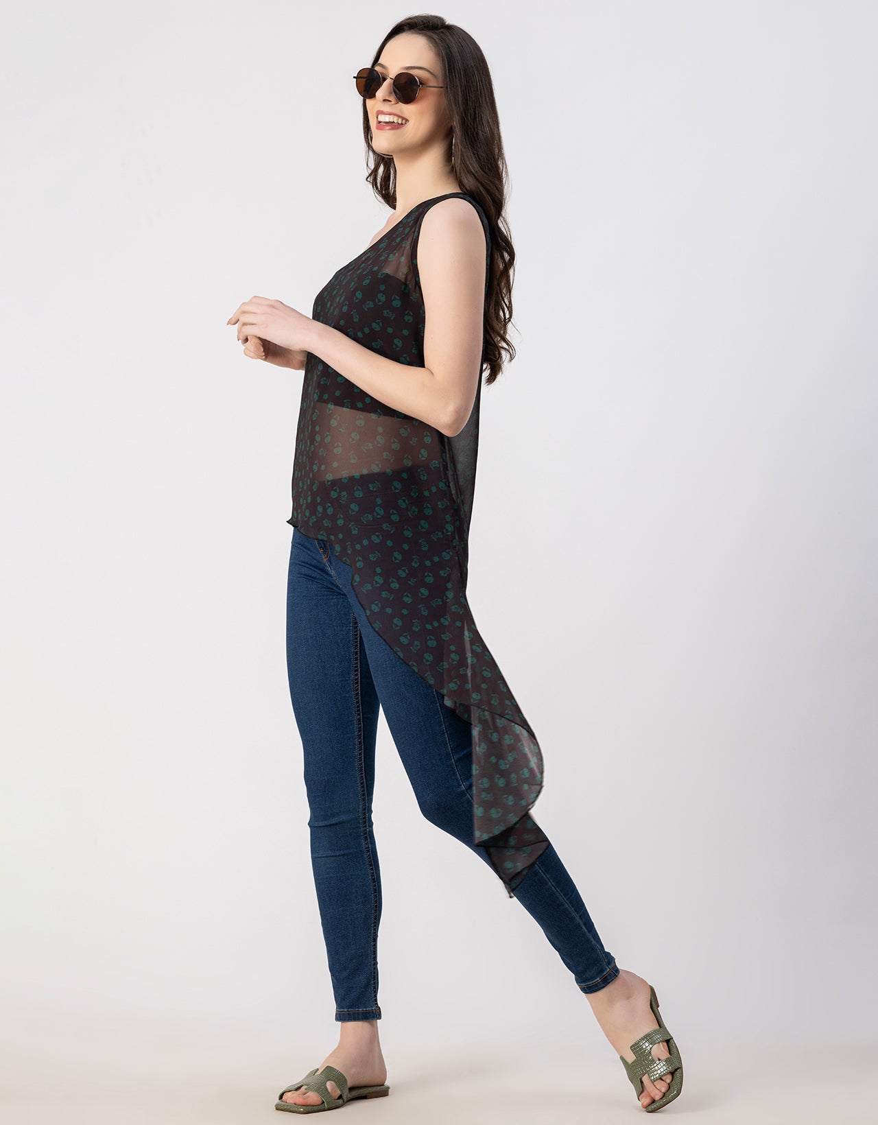 Sleeveless Single Shoulder Asymmetric Printed Top