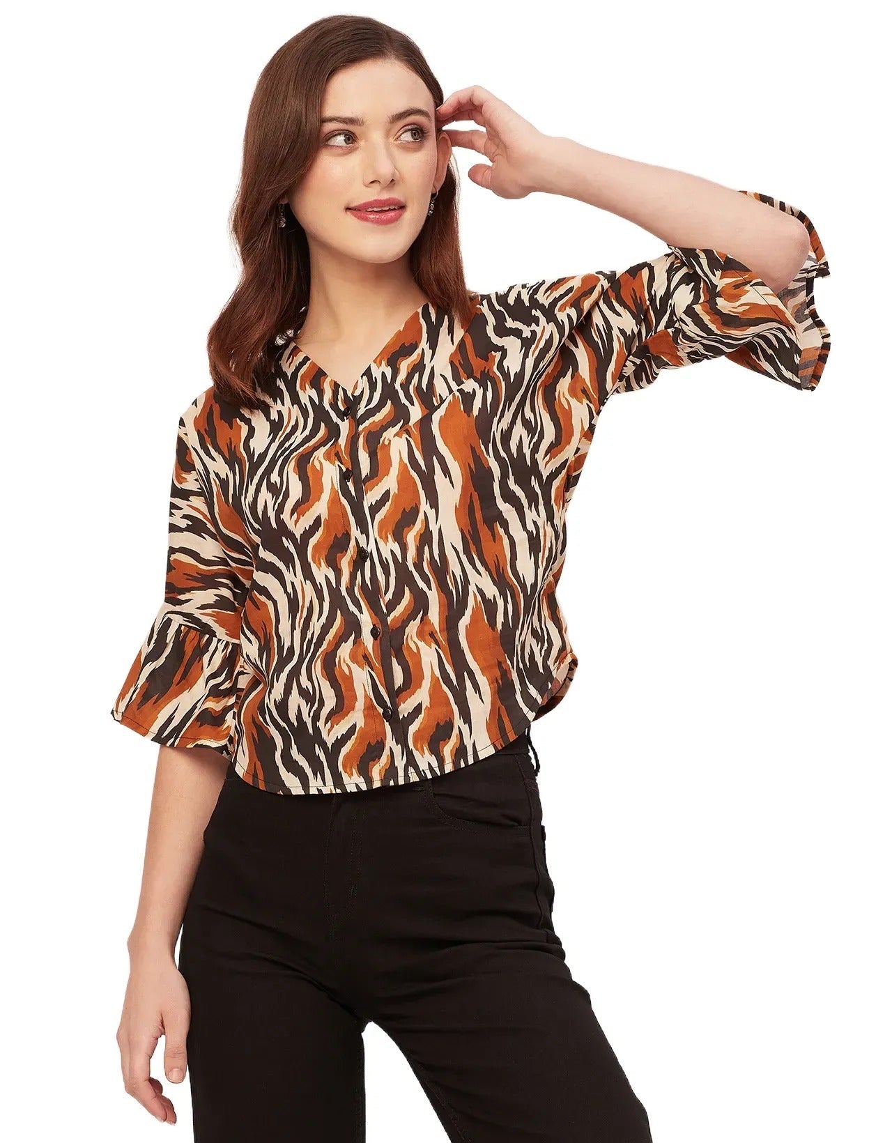 Short Sleeve V Neck Printed Cotton Top