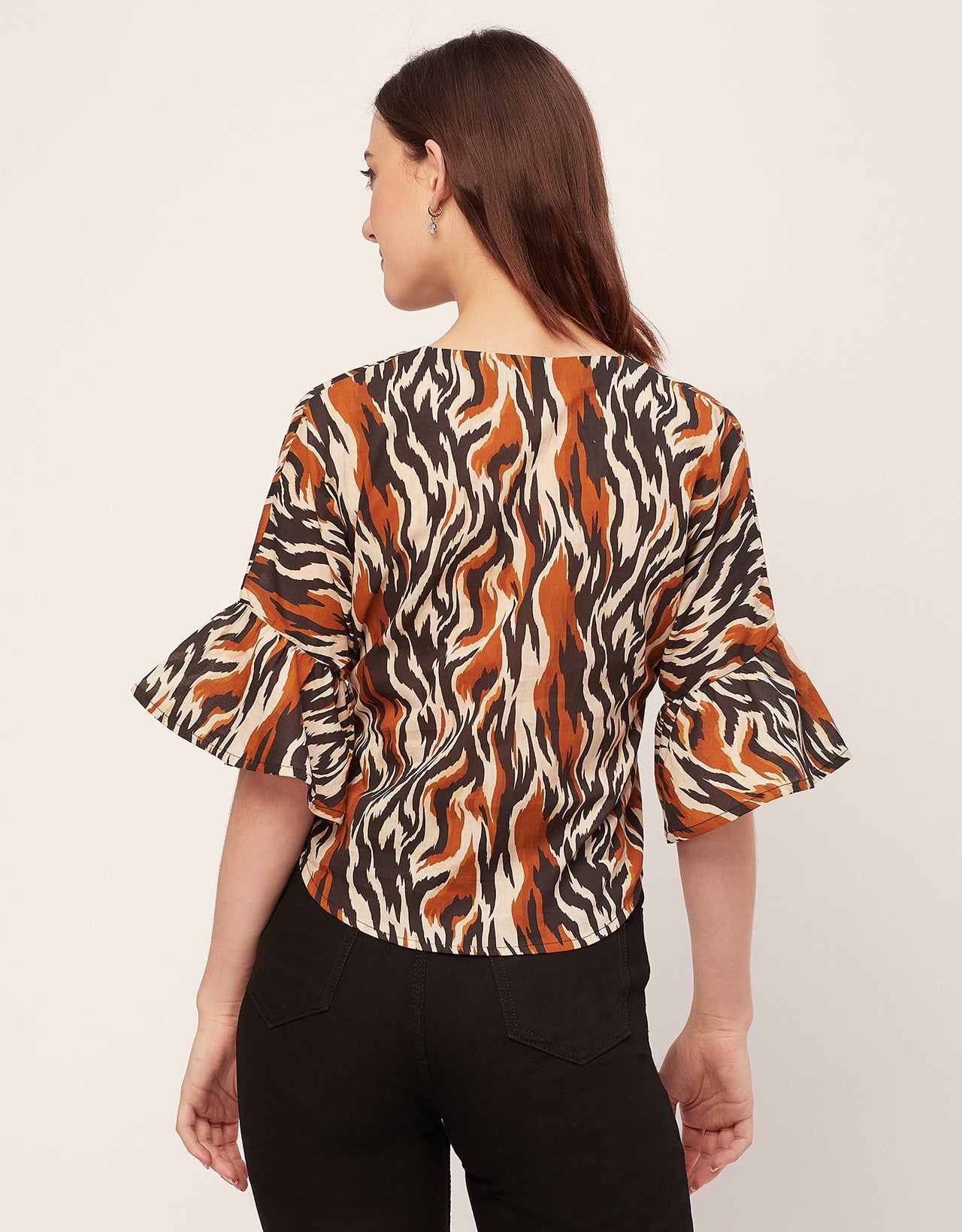 Short Sleeve V Neck Printed Cotton Top