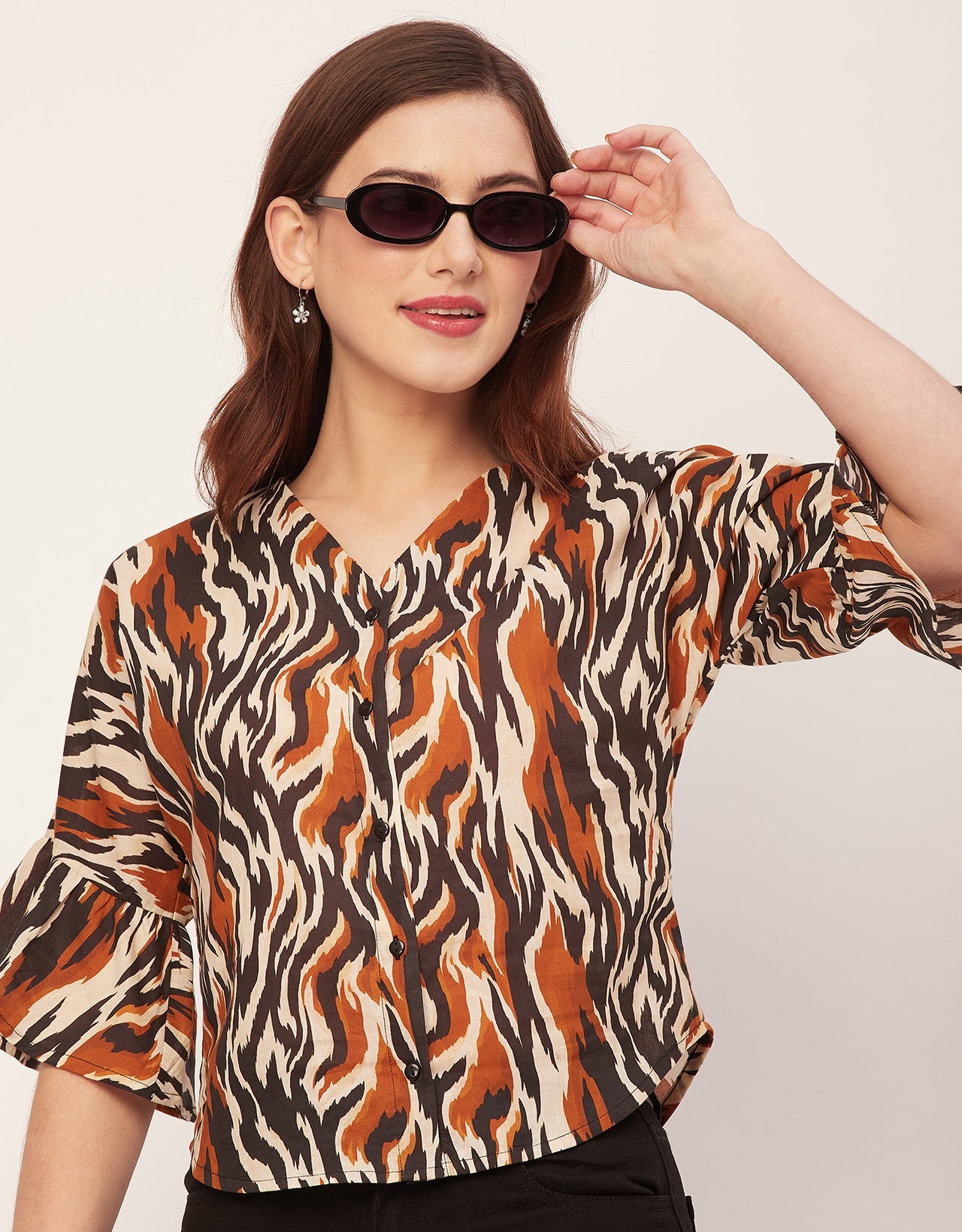 Short Sleeve V Neck Printed Cotton Top