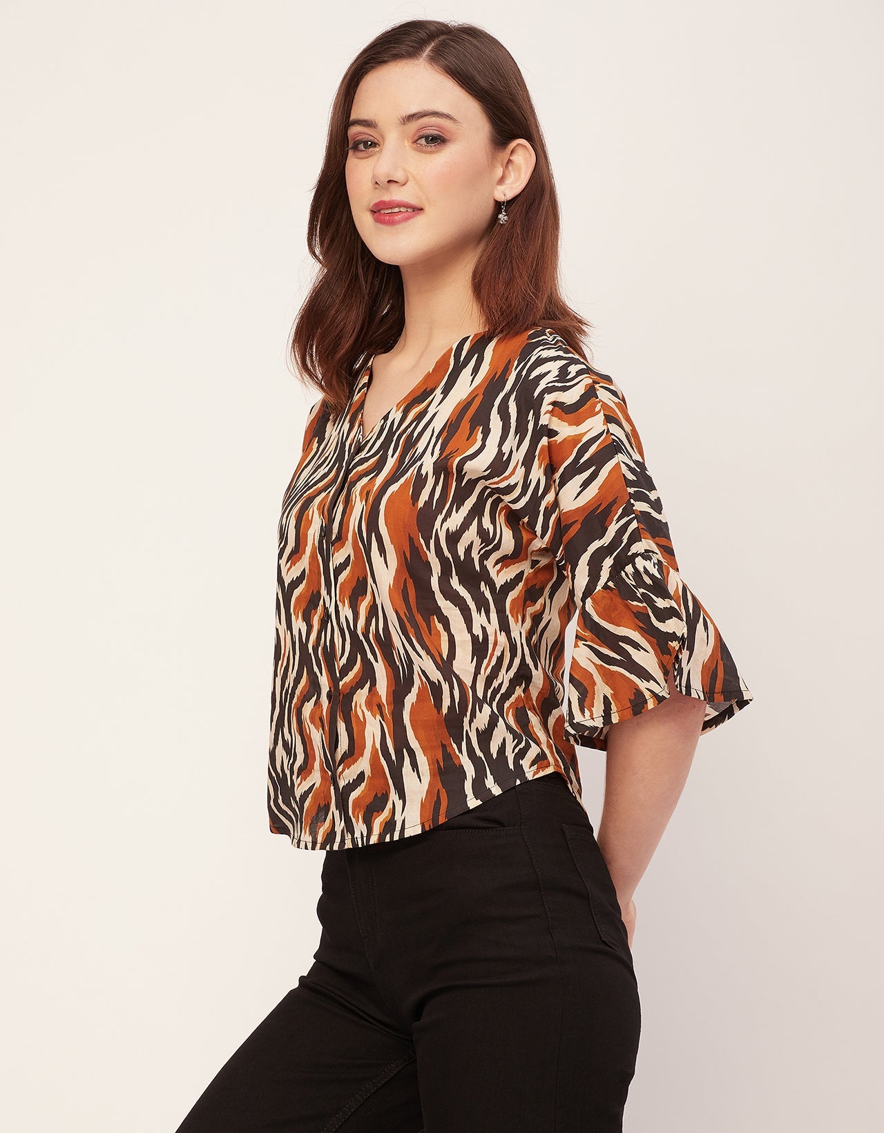 Short Sleeve V Neck Printed Cotton Top