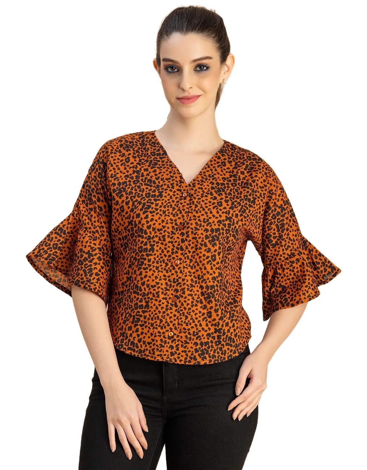 Short Sleeve V Neck Printed Cotton Top