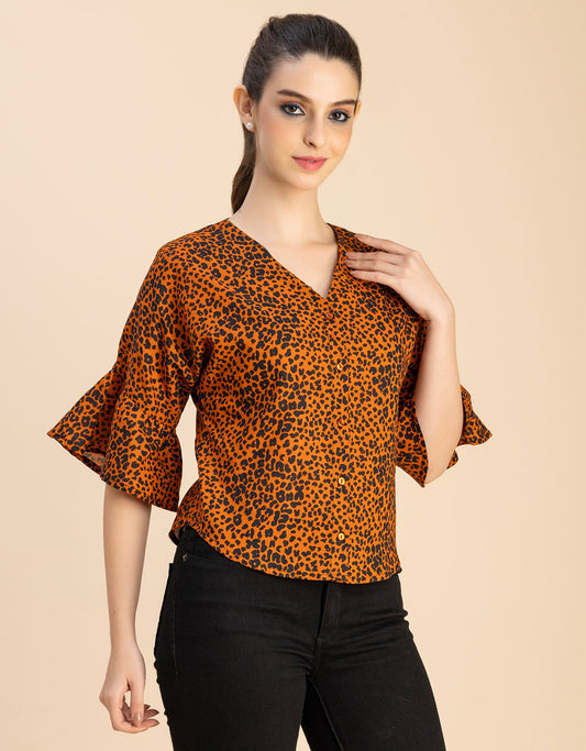 Short Sleeve V Neck Printed Cotton Top