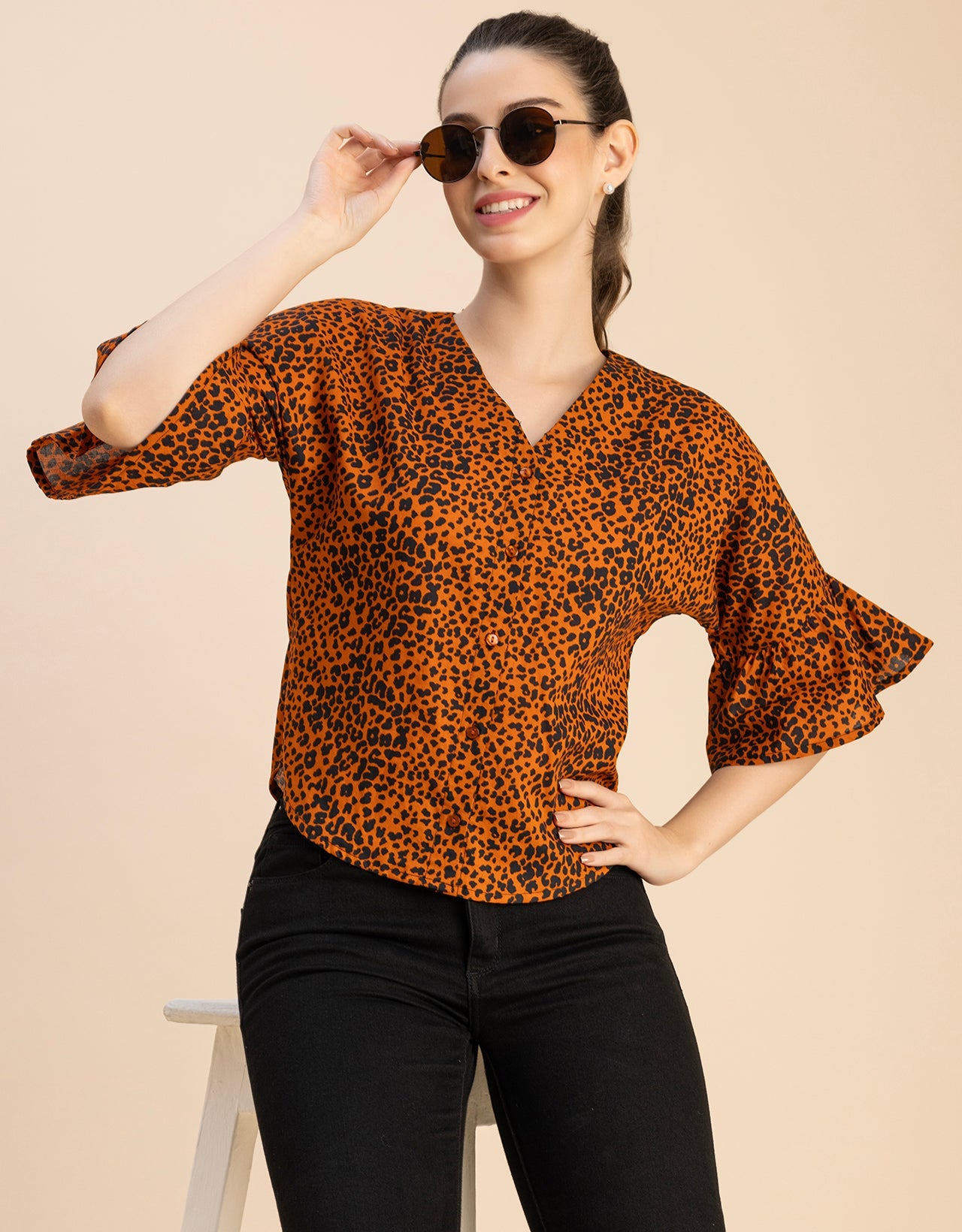 Short Sleeve V Neck Printed Cotton Top