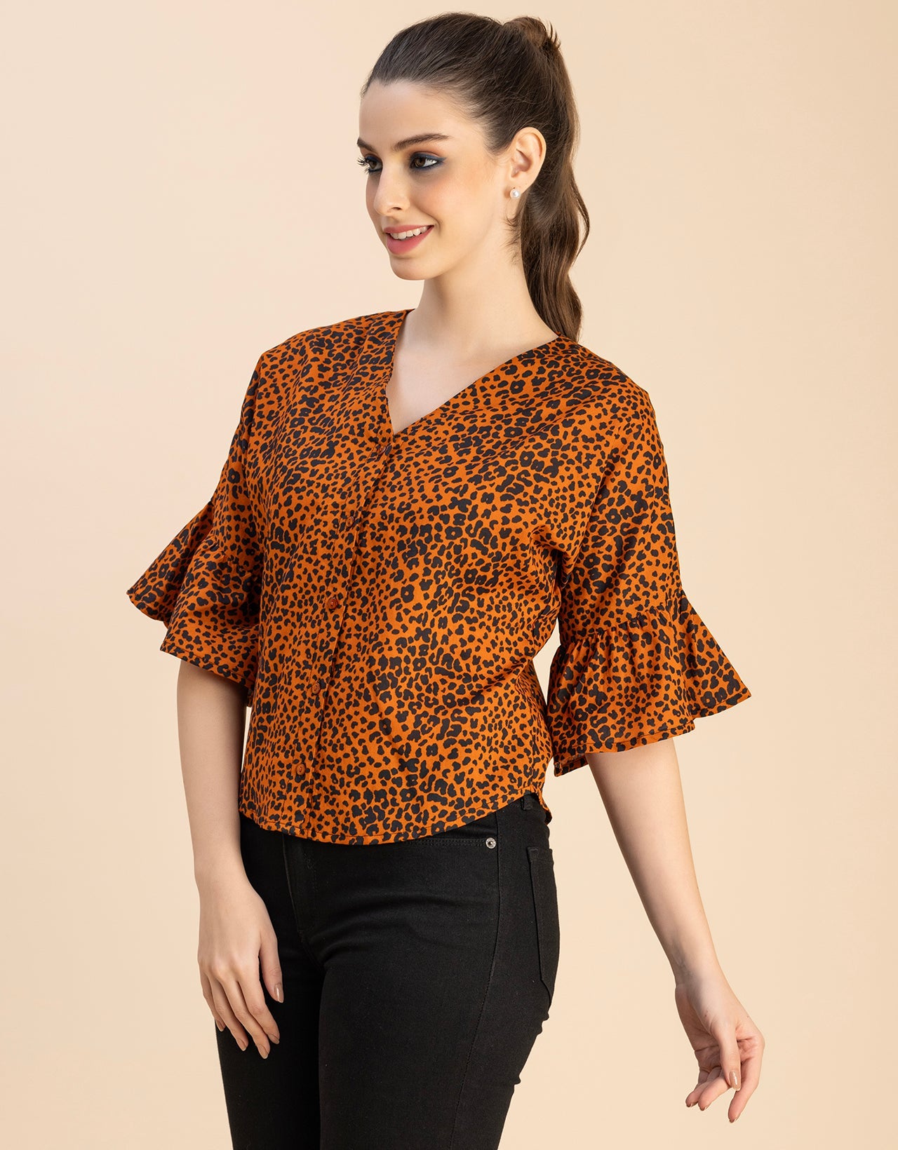 Short Sleeve V Neck Printed Cotton Top