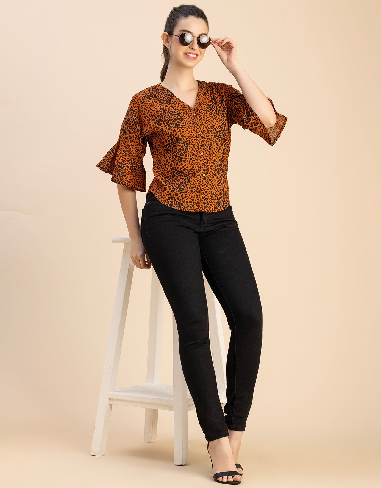Short Sleeve V Neck Printed Cotton Top