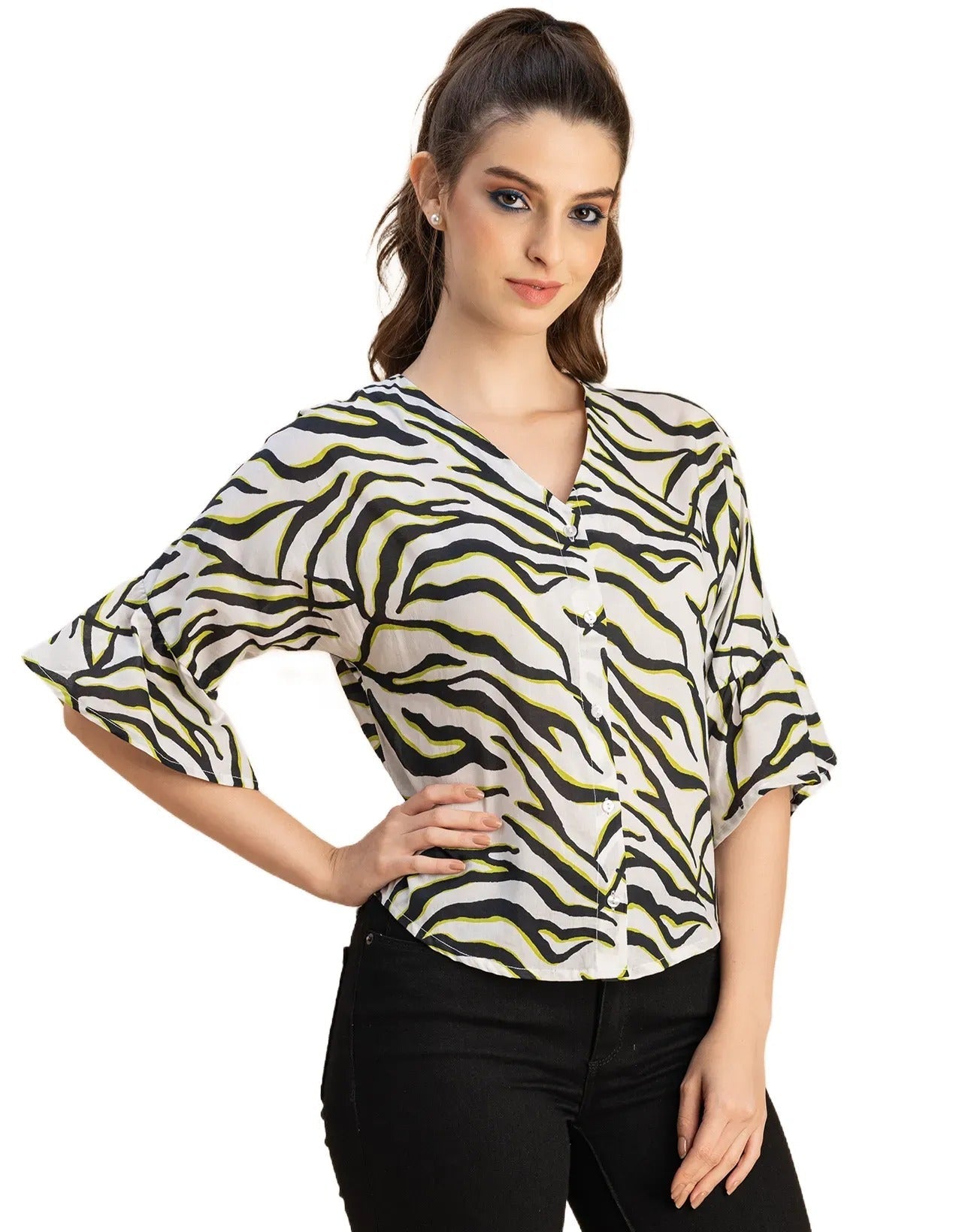 Short Sleeve V Neck Printed Cotton Top