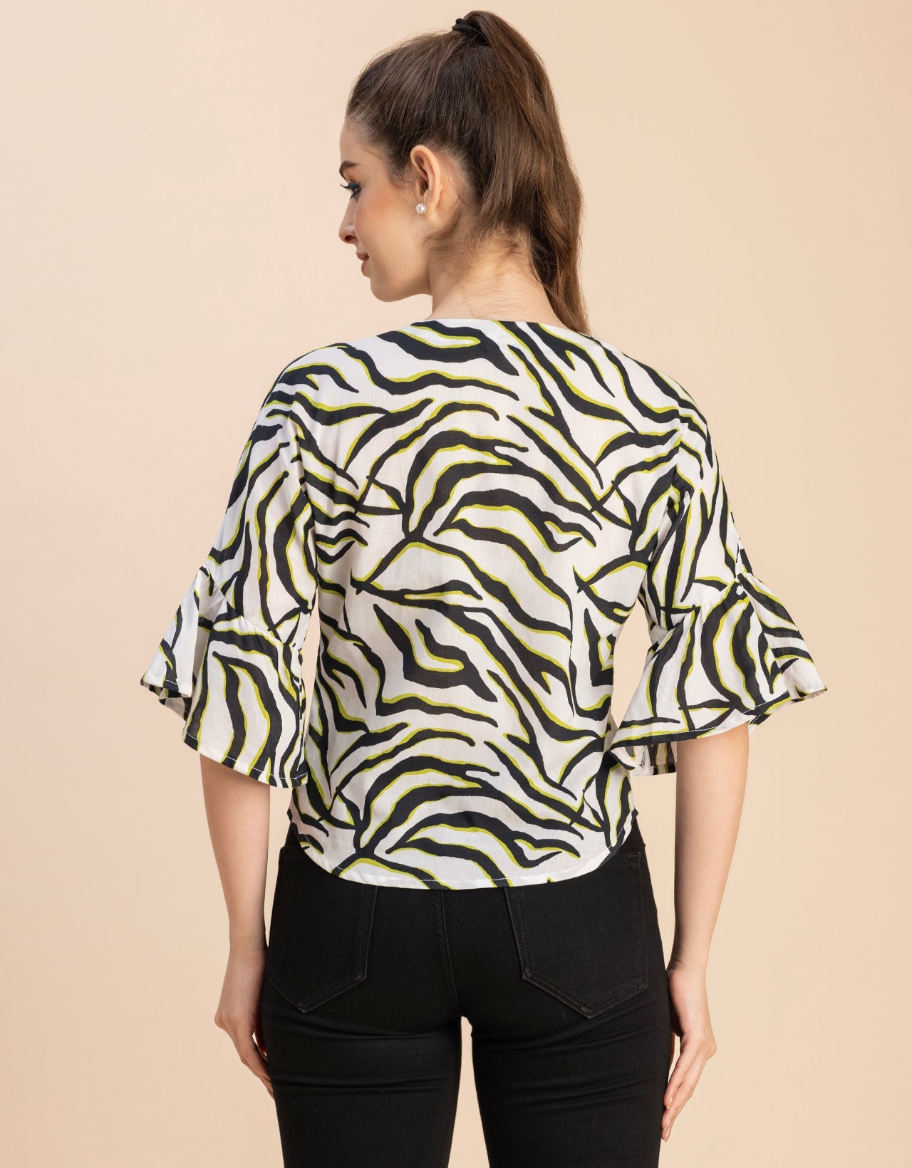 Short Sleeve V Neck Printed Cotton Top