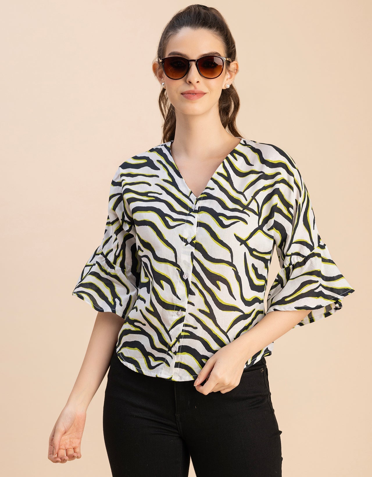 Short Sleeve V Neck Printed Cotton Top